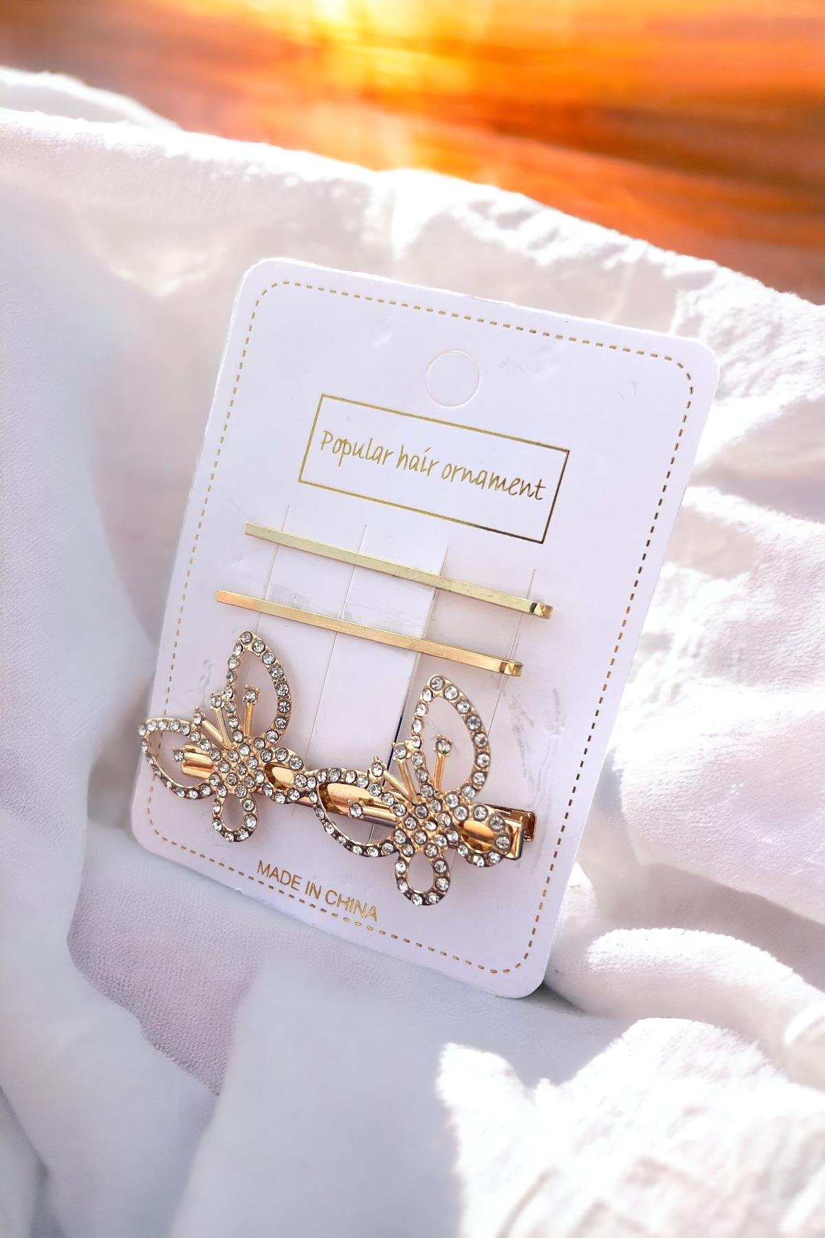 Premium 3'lü Taşlı Kelebek Mandal Toka