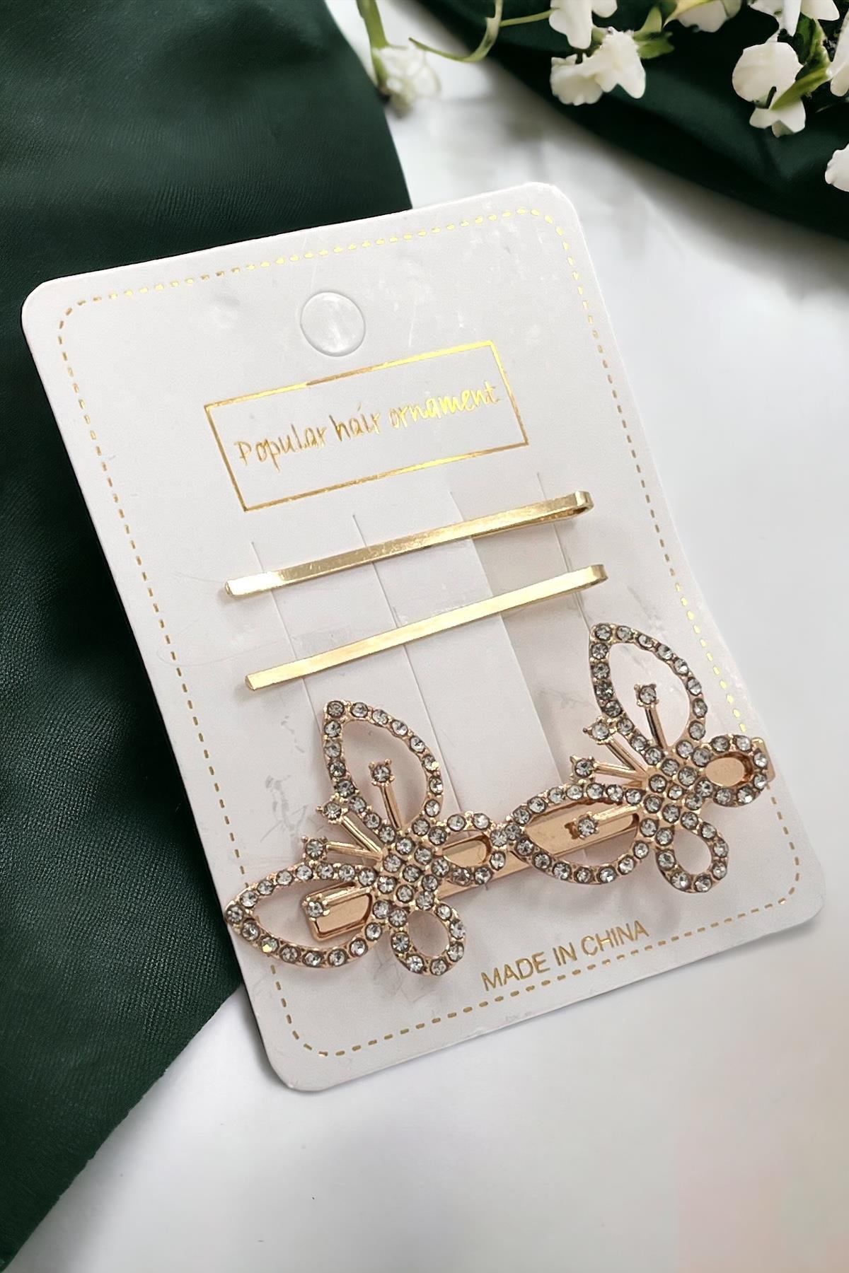 Premium 3'lü Taşlı Kelebek Mandal Toka