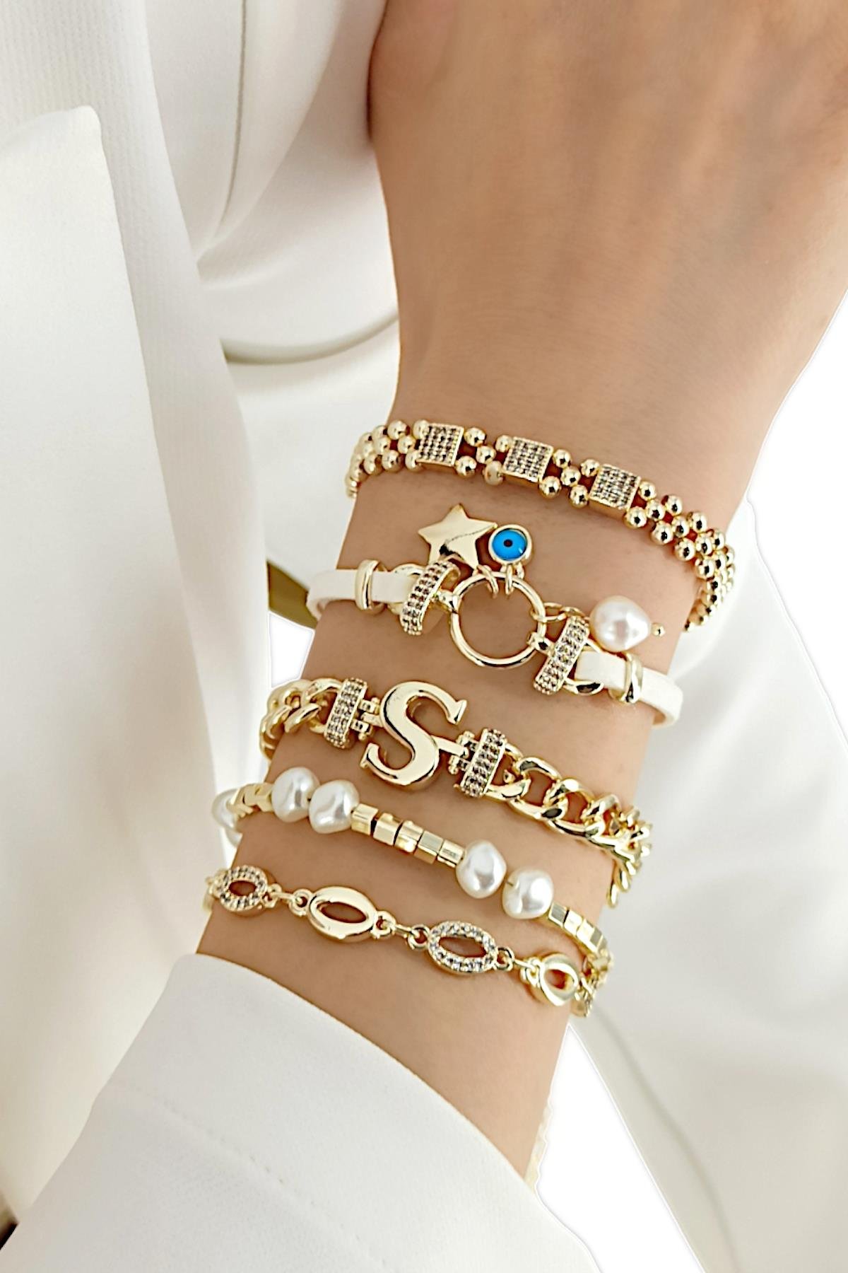 Premium 5'li Deri Plaka Yıldız Harf Bileklik Kombin (Harf Seçilebilir)