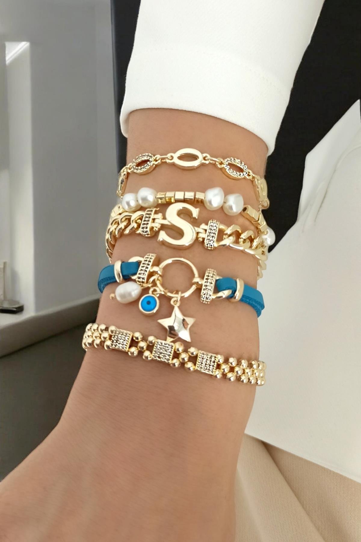 Premium 5'li Deri Plaka Yıldız Harf Bileklik Kombin (Harf Seçilebilir)