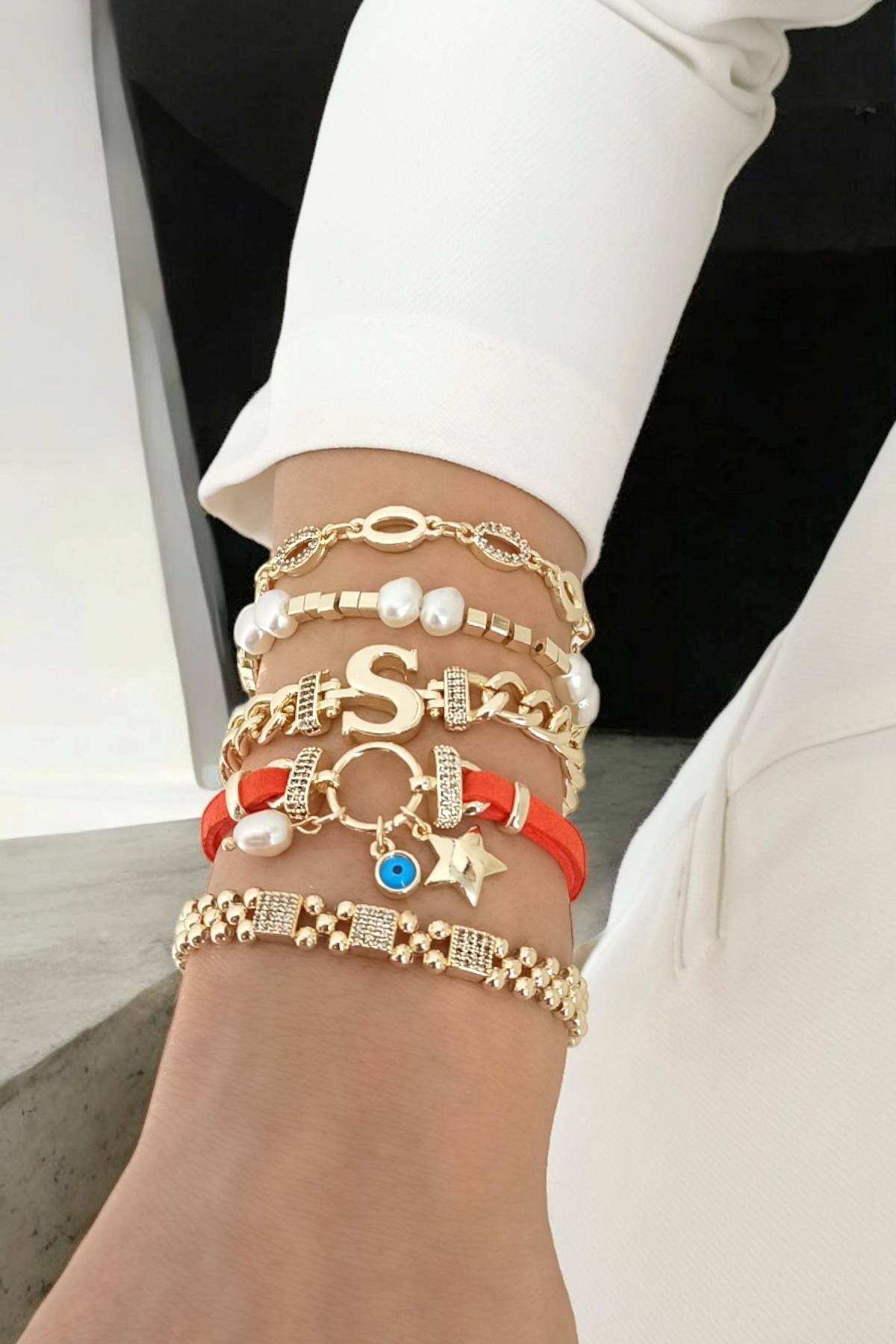 Premium 5'li Deri Plaka Yıldız Harf Bileklik Kombin (Harf Seçilebilir)