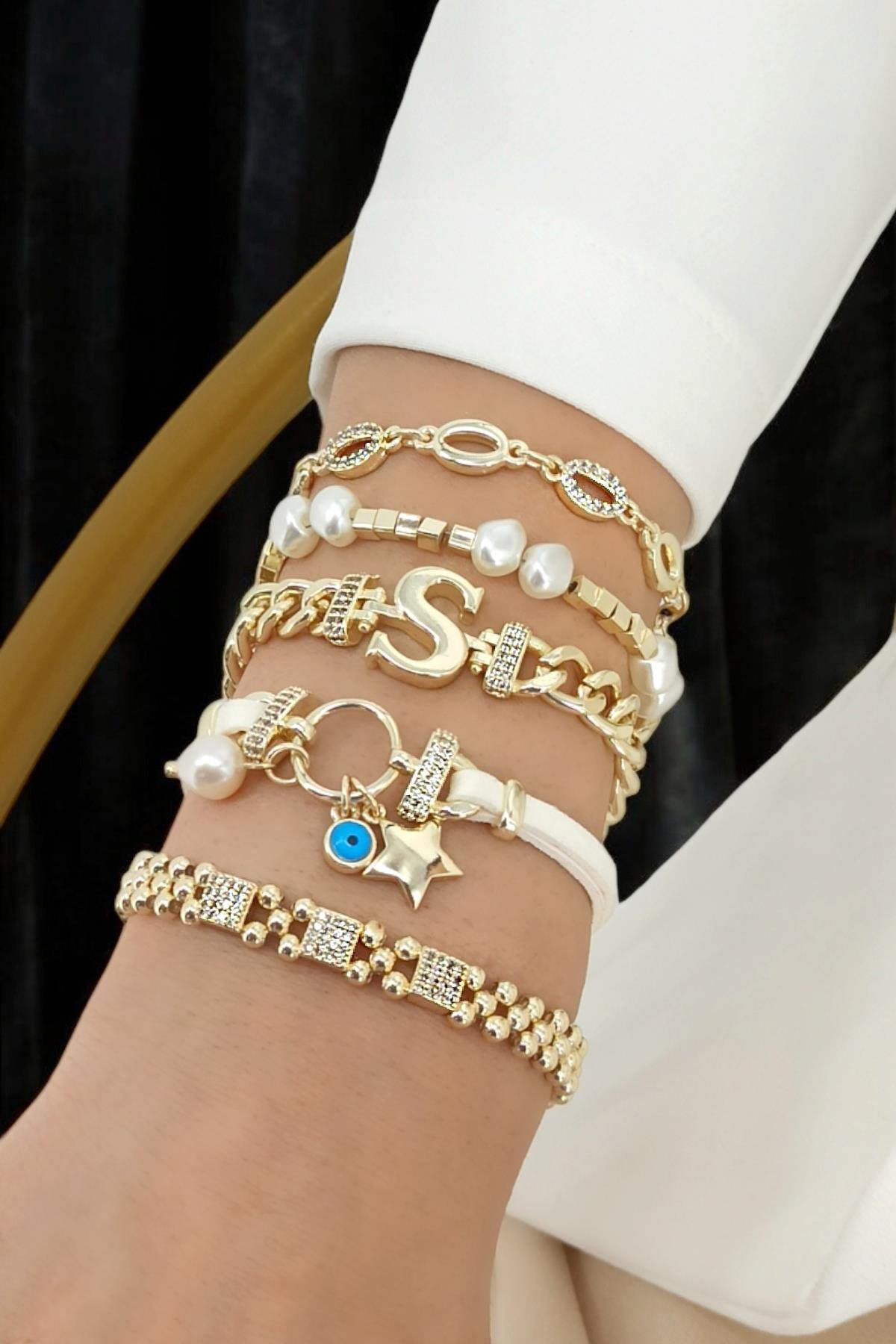 Premium 5'li Deri Plaka Yıldız Harf Bileklik Kombin (Harf Seçilebilir)