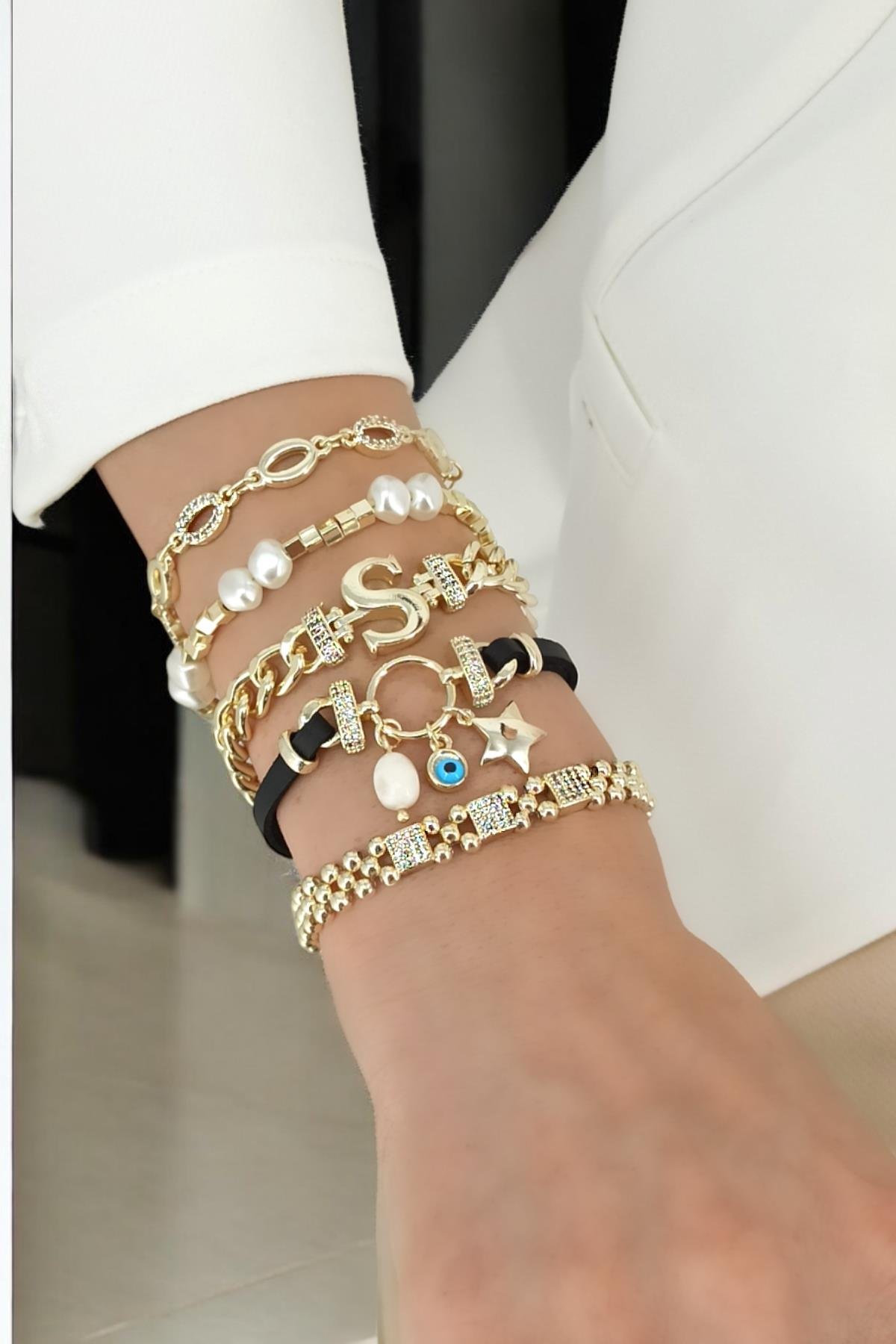 Premium 5'li Deri Plaka Yıldız Harf Bileklik Kombin (Harf Seçilebilir)