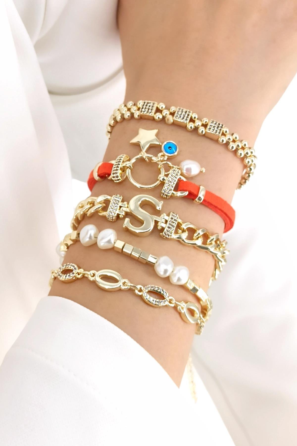 Premium 5'li Deri Plaka Yıldız Harf Bileklik Kombin (Harf Seçilebilir)