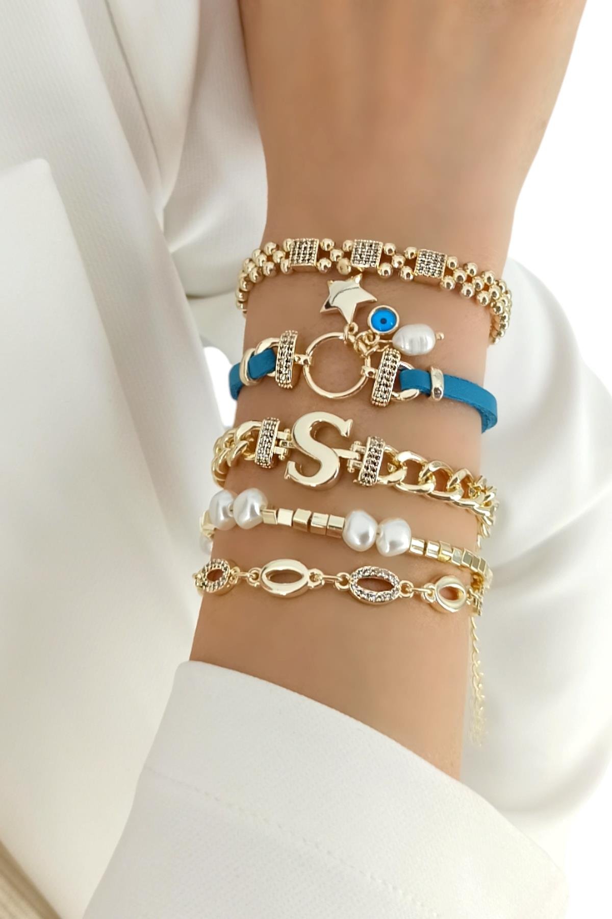 Premium 5'li Deri Plaka Yıldız Harf Bileklik Kombin (Harf Seçilebilir)