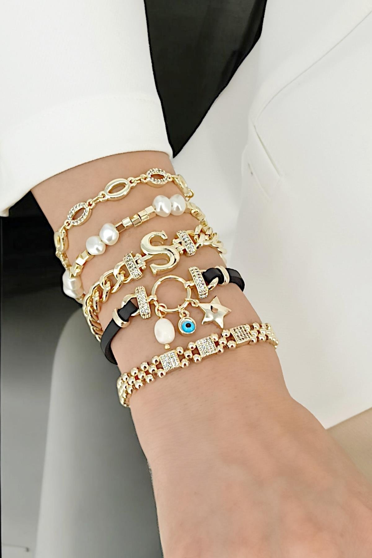 Premium 5'li Deri Plaka Yıldız Harf Bileklik Kombin (Harf Seçilebilir)