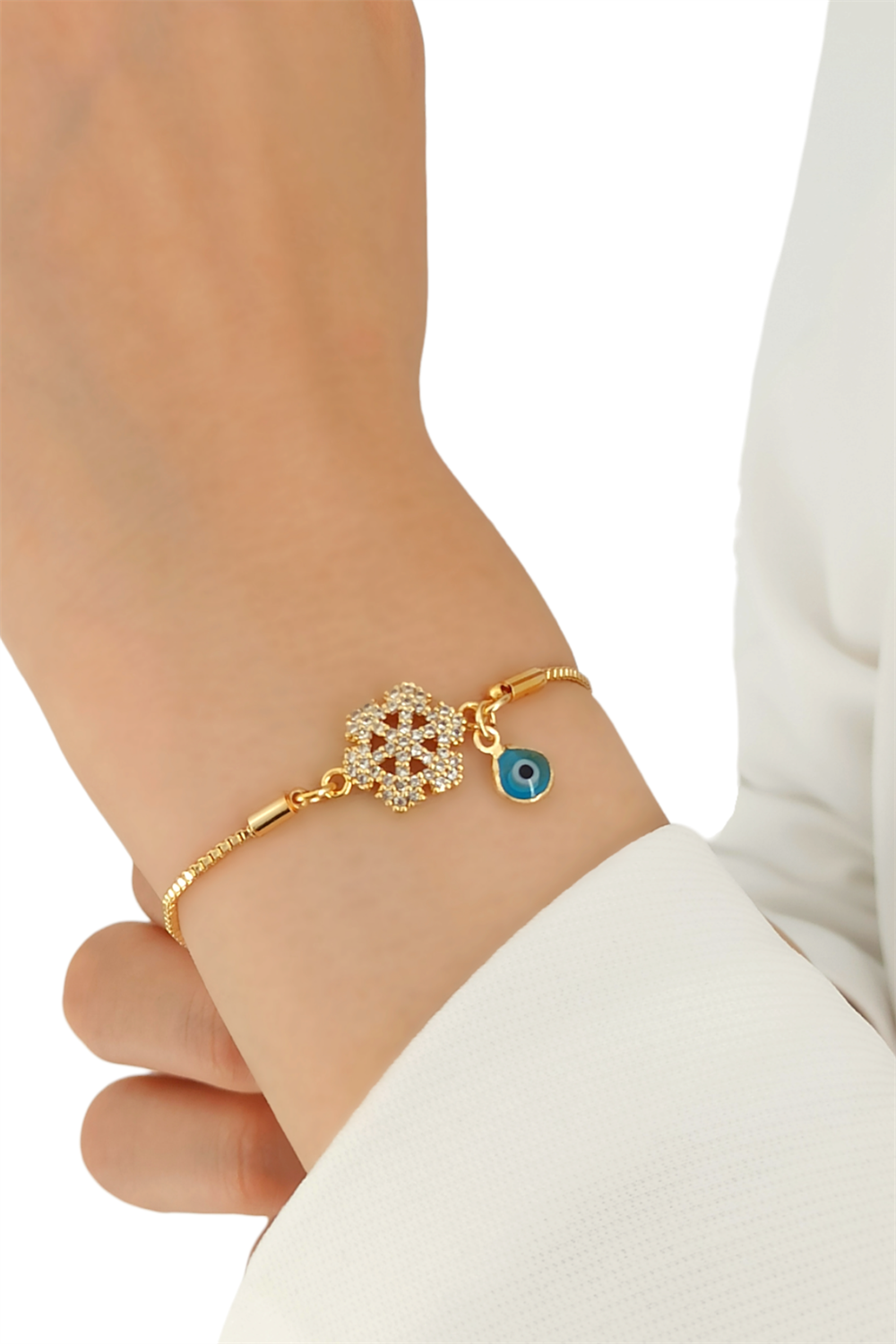 Premium Asansörlü Nazar Boncuklu Kar Tanesi Bileklik