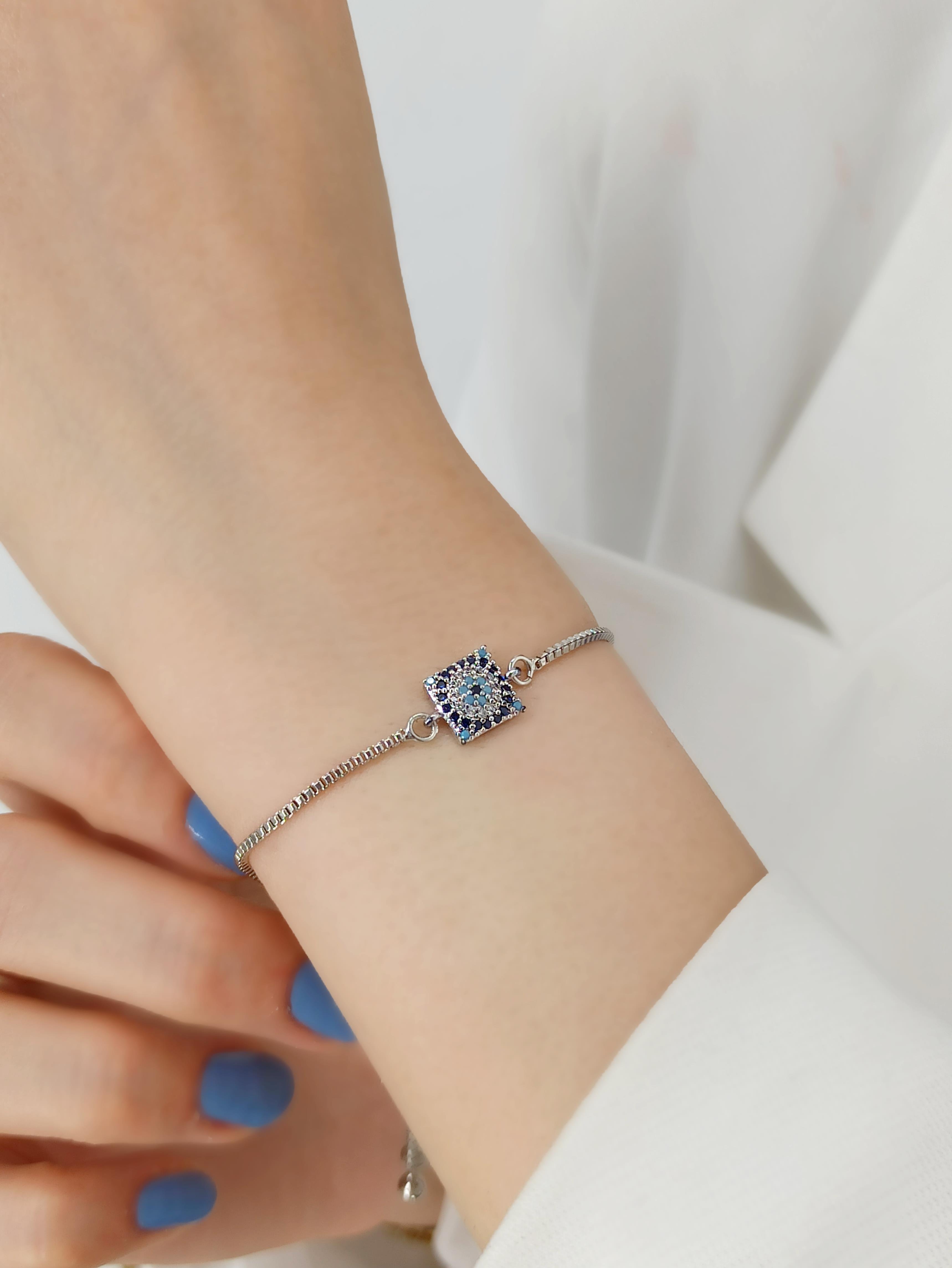 Premium Asansörlü Taşlı Kare Nazar Boncuk Bileklik
