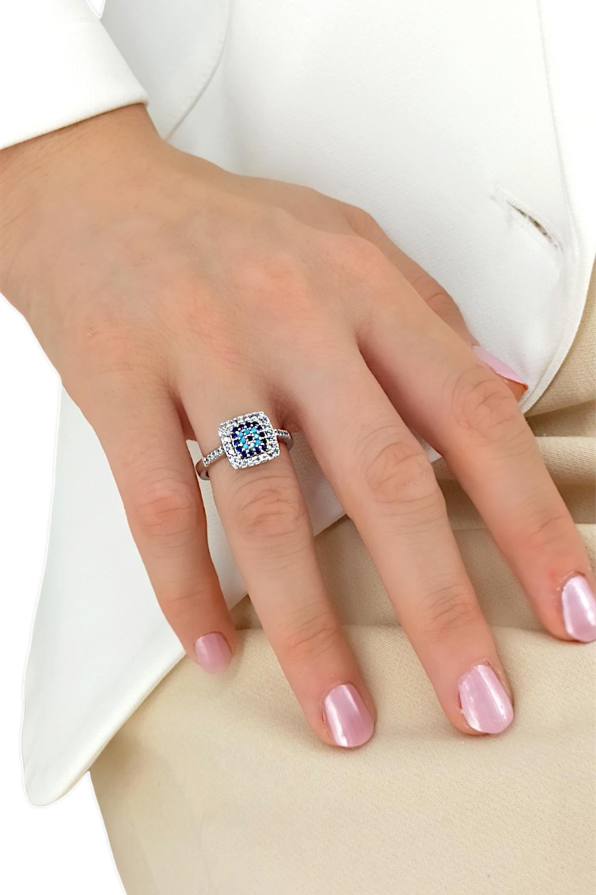 Premium Ayarlanabilir Nazar Boncuk Kare Yüzük