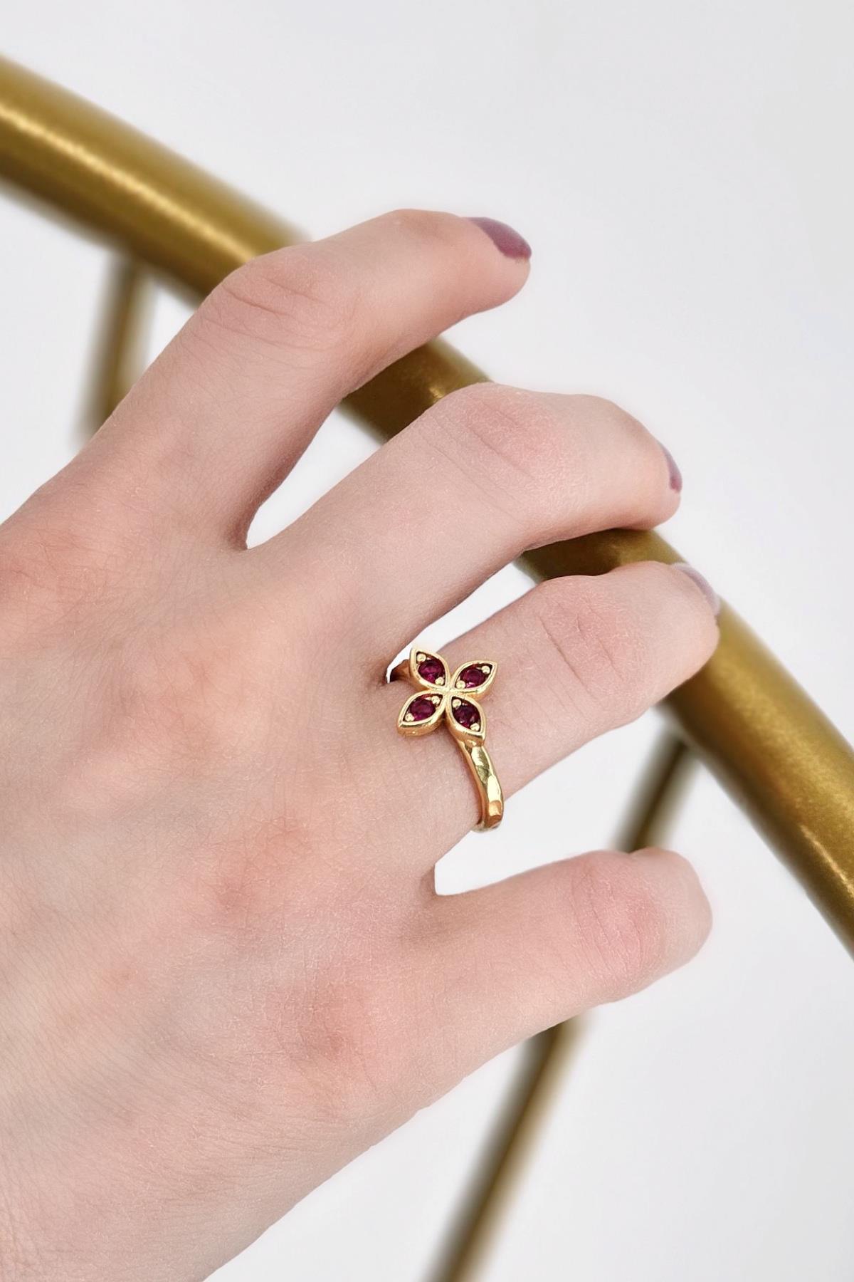 Premium Ayarlanabilir Renkli Taşlı Yonca Yüzük 1456