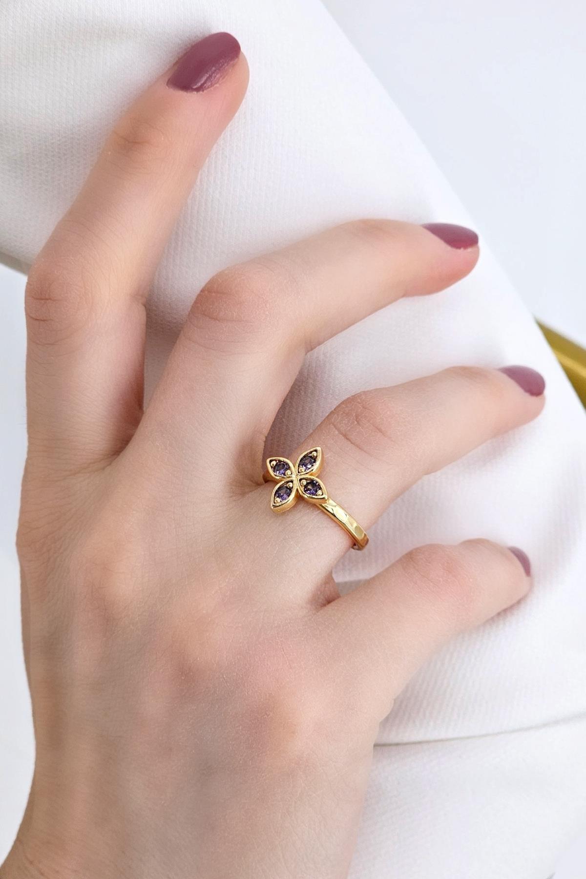 Premium Ayarlanabilir Renkli Taşlı Yonca Yüzük 1456