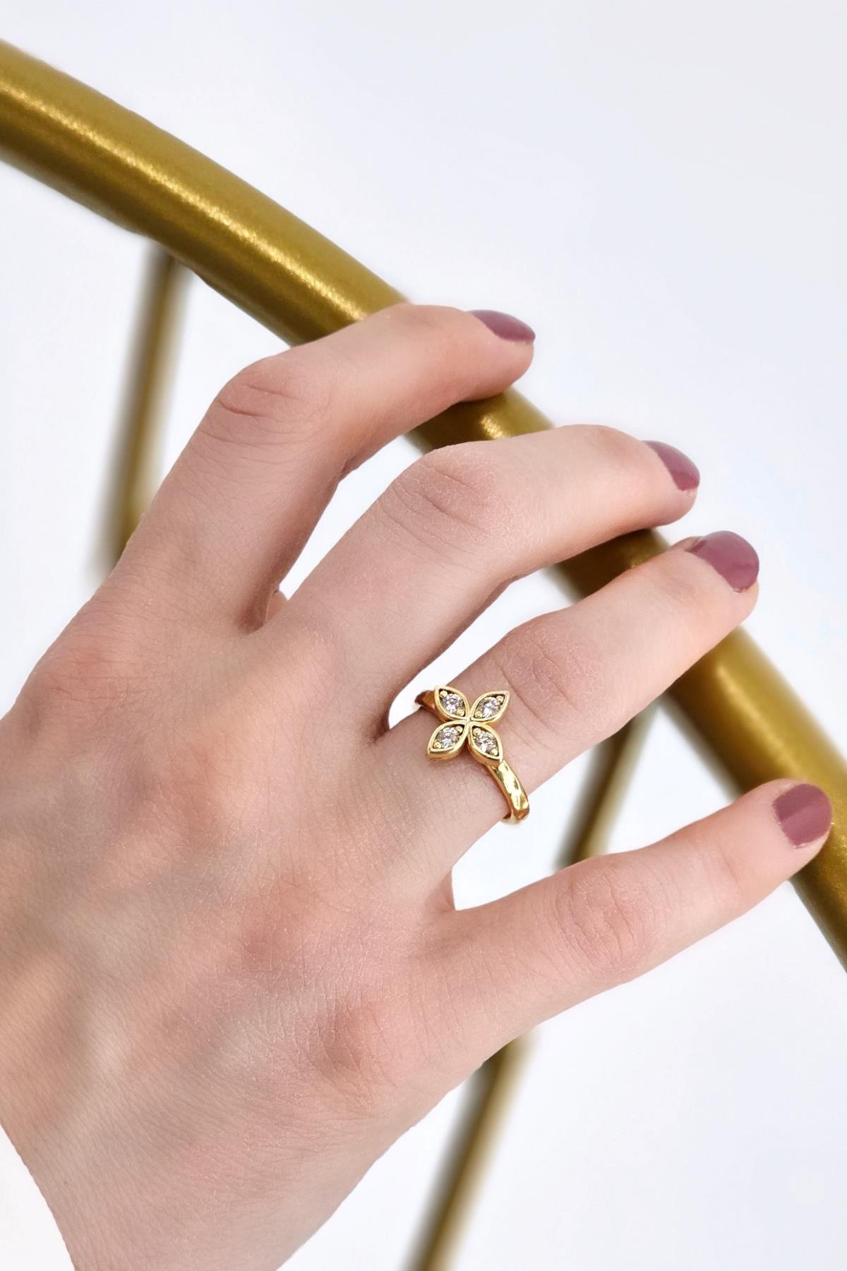 Premium Ayarlanabilir Renkli Taşlı Yonca Yüzük 1456