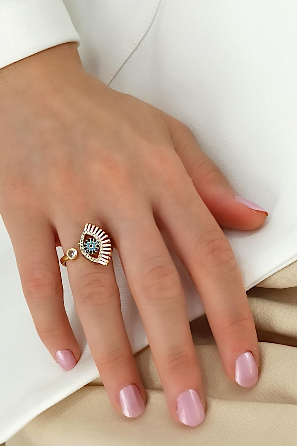 Premium Ayarlanabilir Taşlı Nazar Boncuk Göz Yüzük