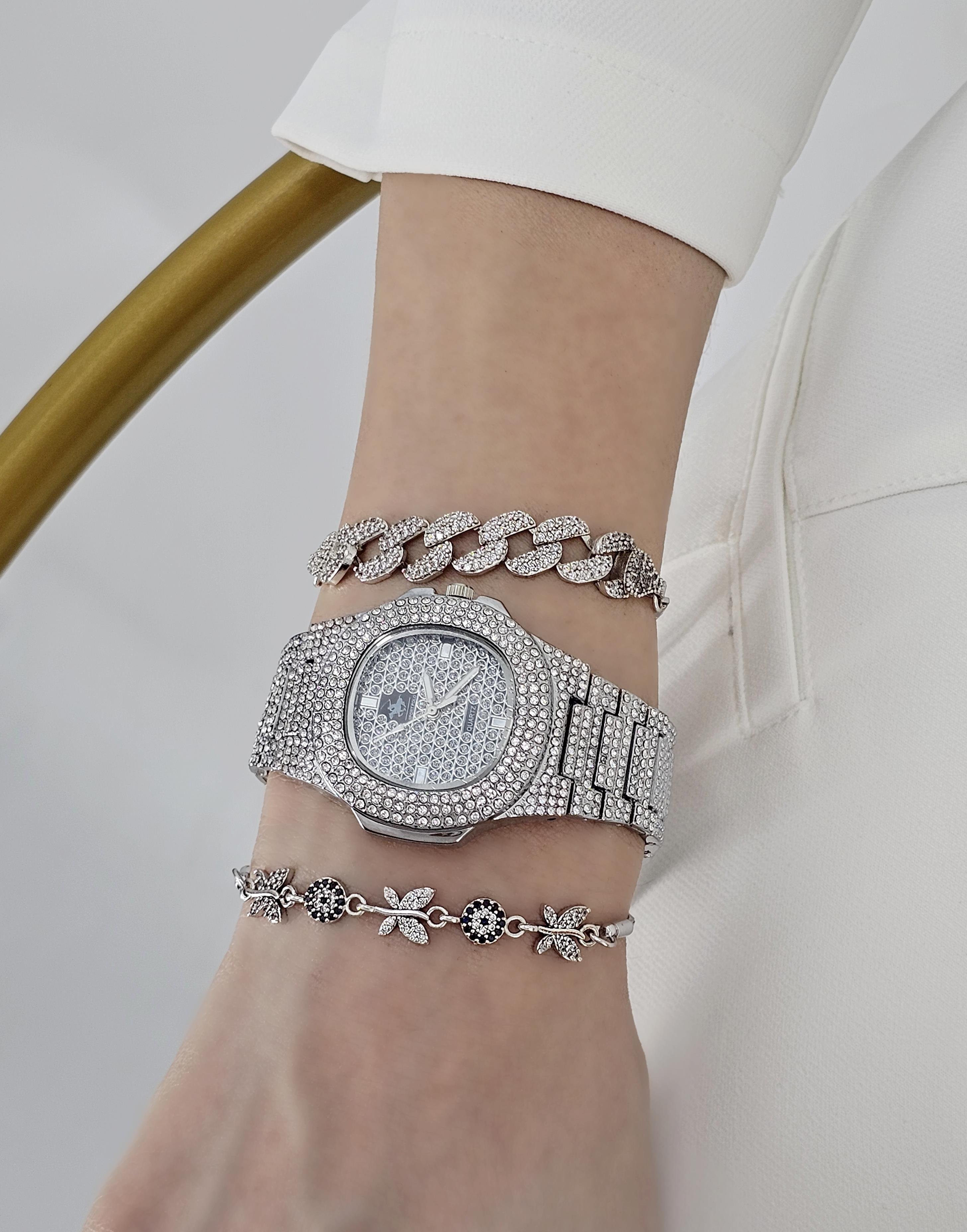 Premium Full Taşlı Saat Asansörlü Bileklik Saat Kombin