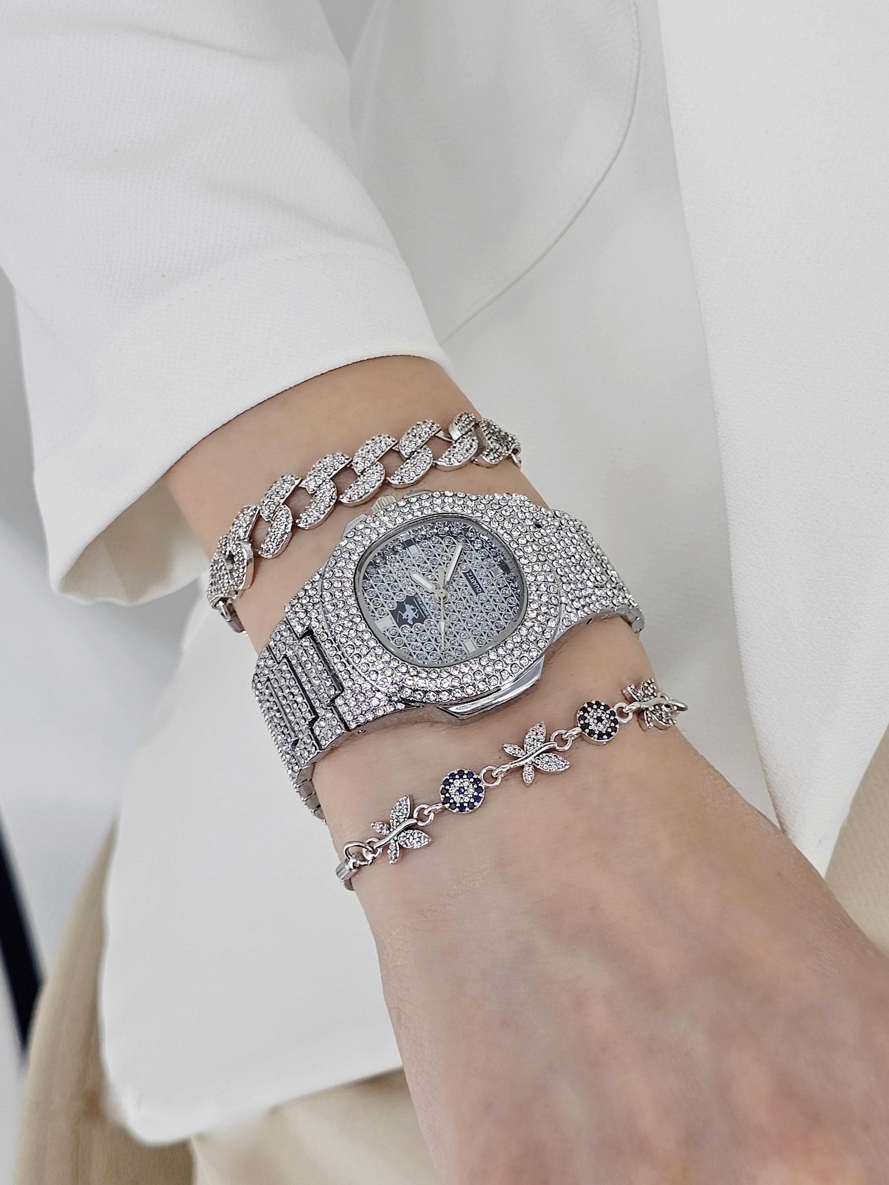 Premium Full Taşlı Saat Asansörlü Bileklik Saat Kombin