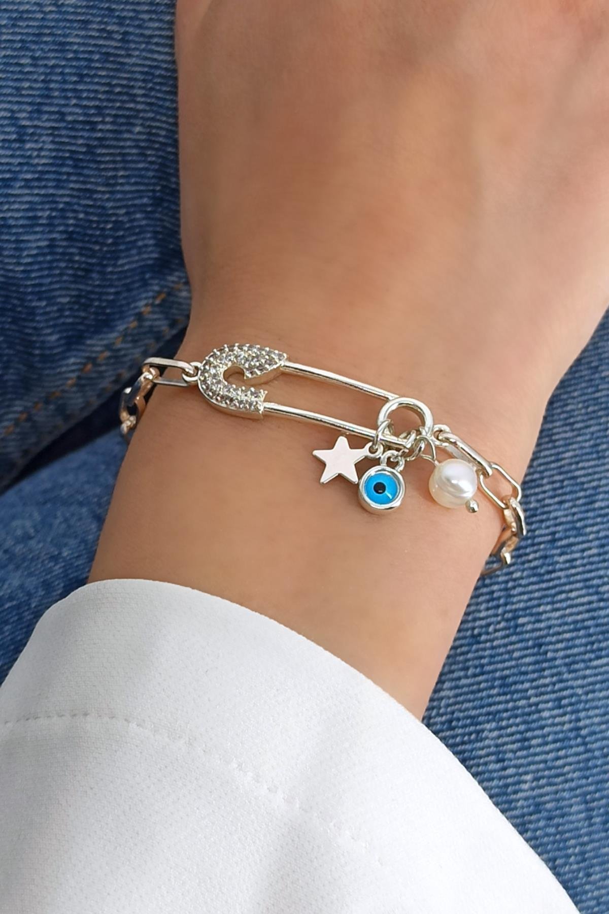 Premium İnci Detay Taşlı Çatal İğne Bileklik