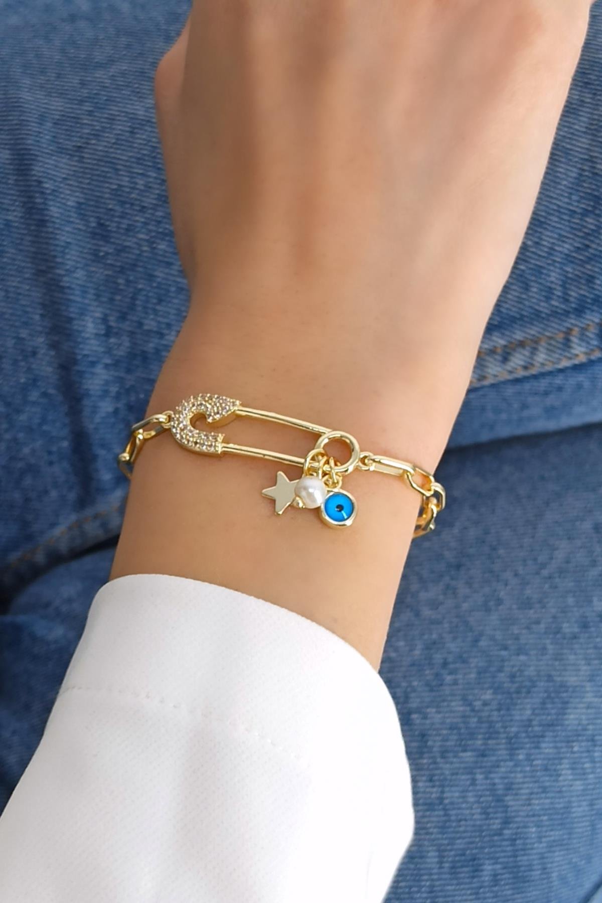 Premium İnci Detay Taşlı Çatal İğne Bileklik