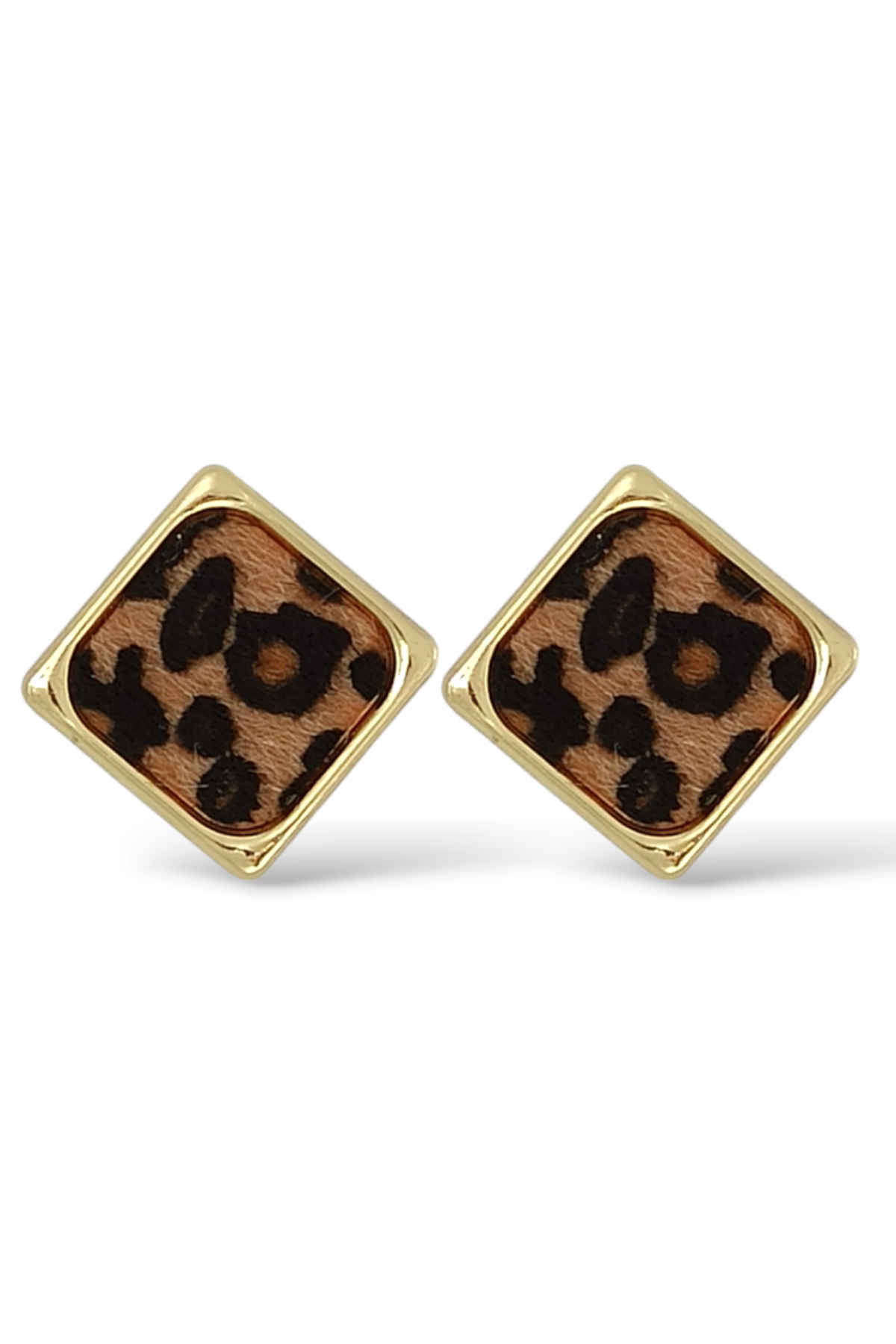 Premium Leopar Desenli Altın Çerçeveli Kare Küpe
