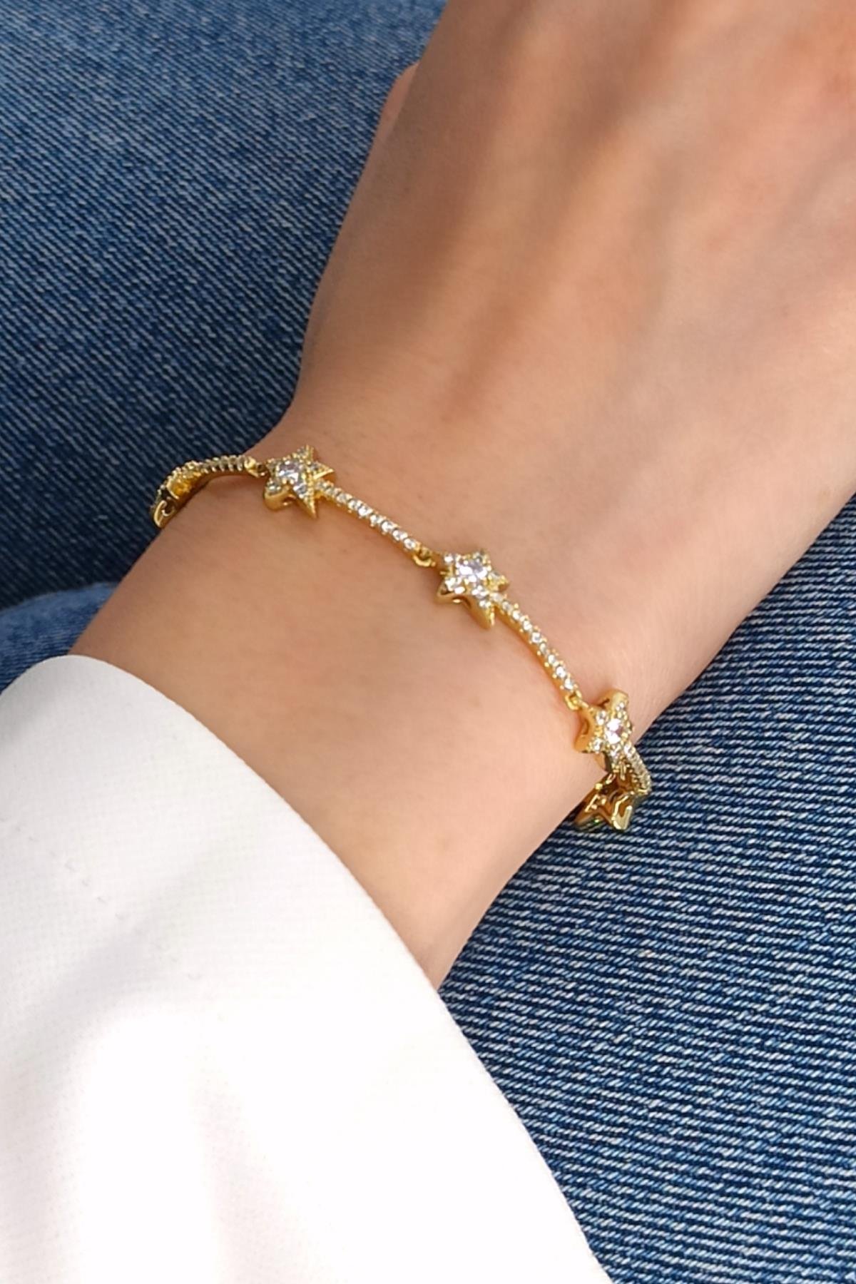 Premium Özel Seri Xuping Renk Atmaz Taşlı Sıralı Yıldız Bileklik