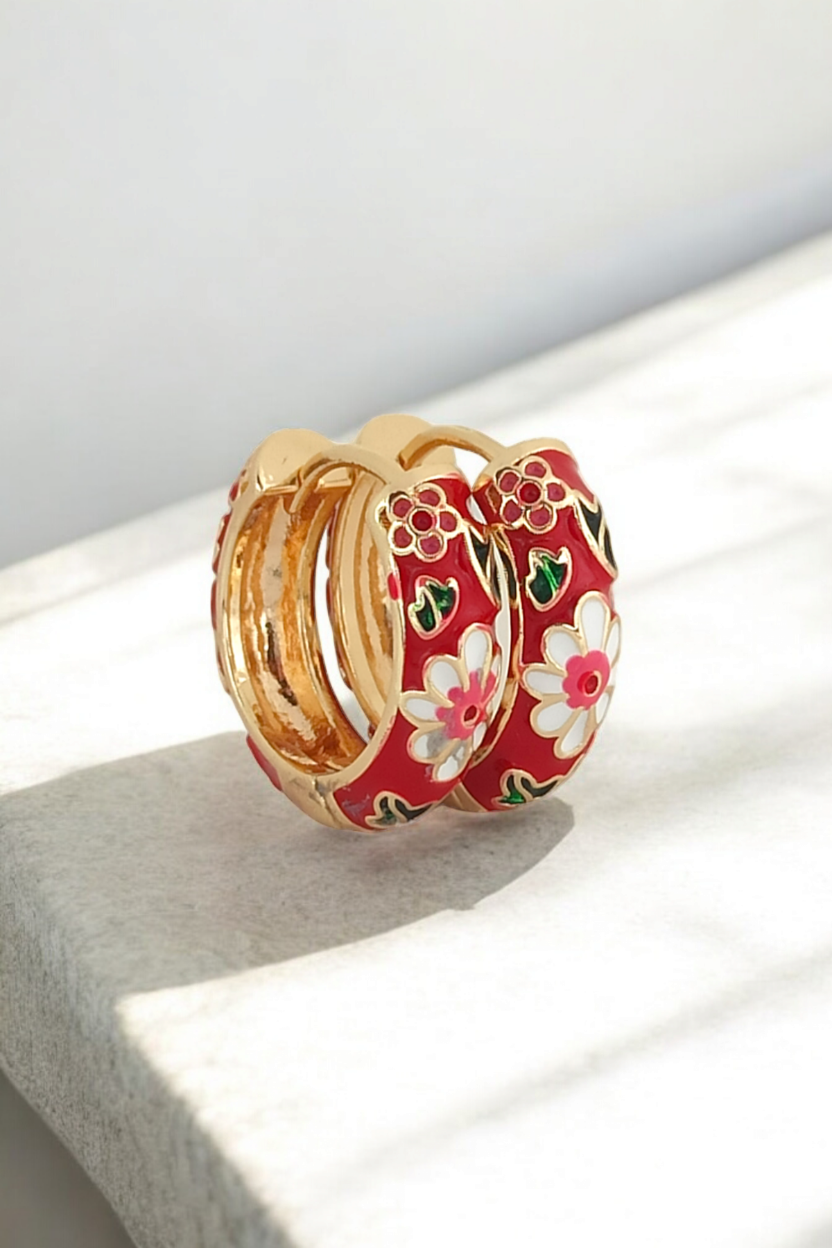 Premium Renkli Çiçek Desen Halka Küpe