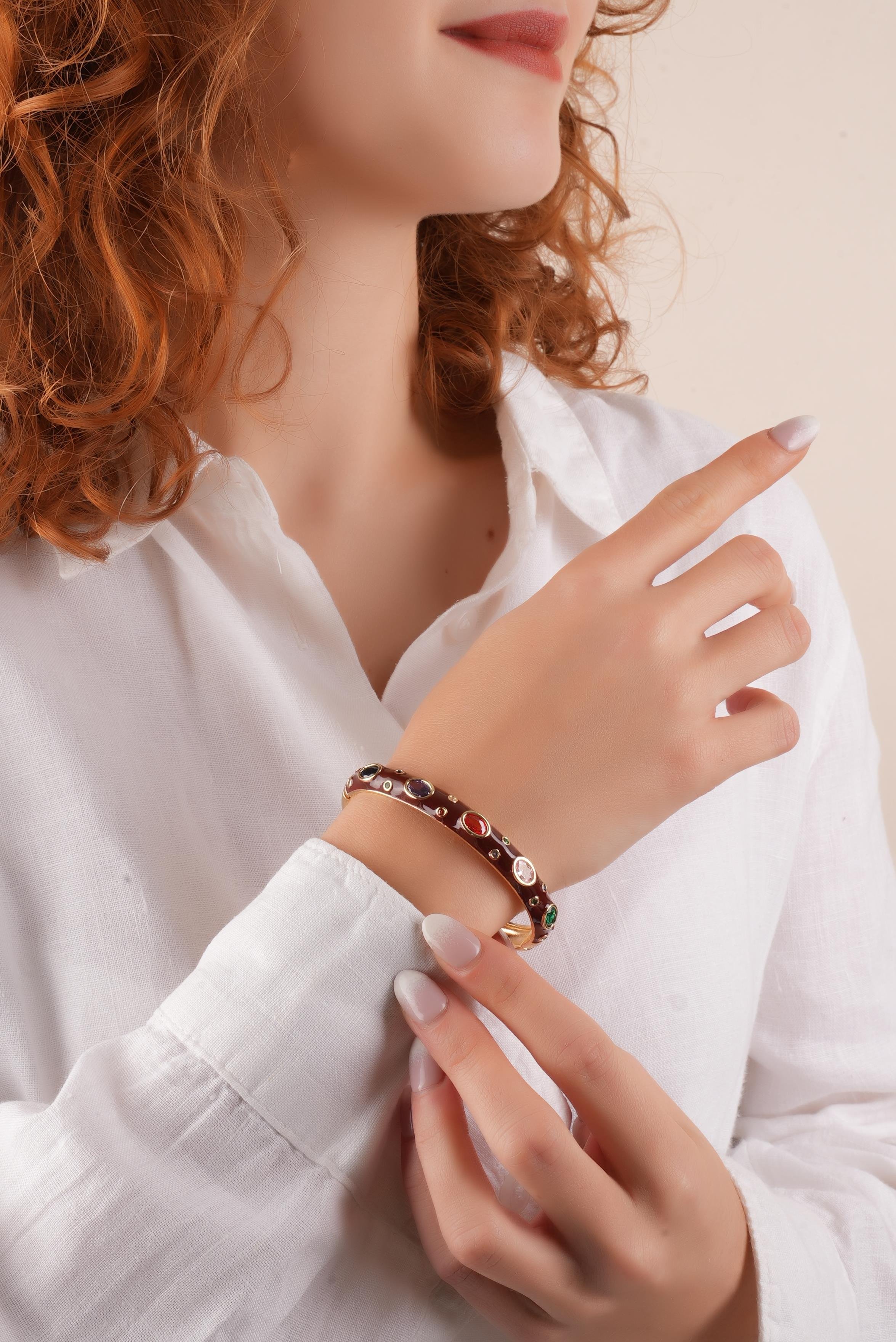 Premium Renkli Zirkon Taş Oval Kelepçe Bileklik 70776