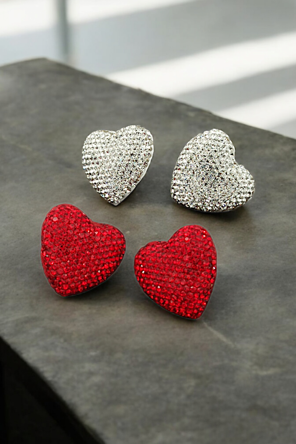 Premium Kalp Küpe Full Taşlı Bombeli Kalp Küpe