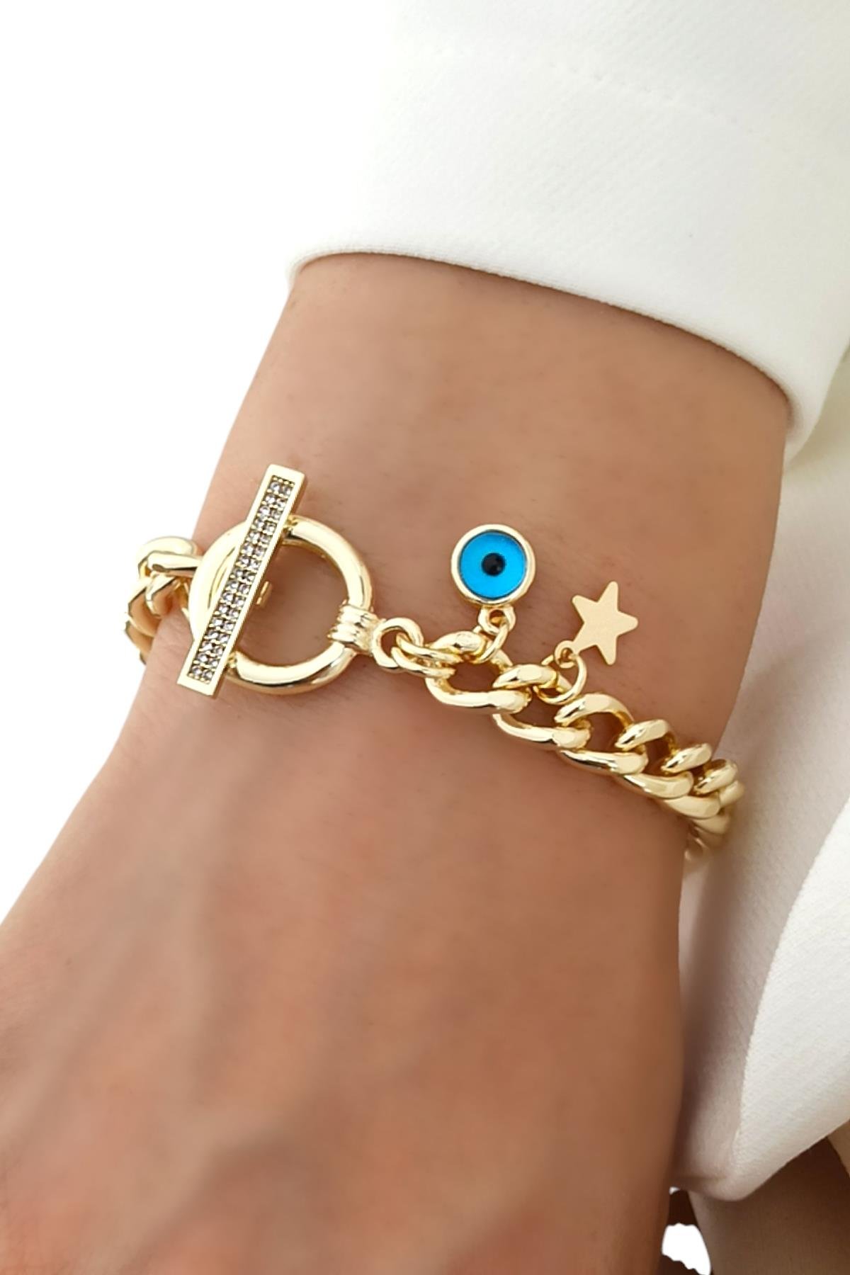 Premium Taşlı Nazar Boncuk Önden Kilit Bileklik