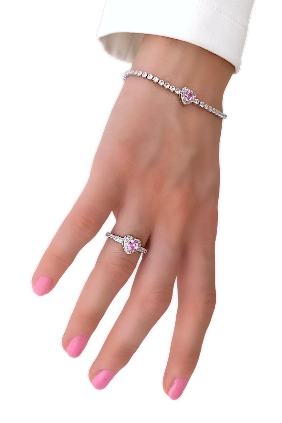 Premium Zirkon Taş Kalp Su Yolu Bileklik-Yüzük Set 