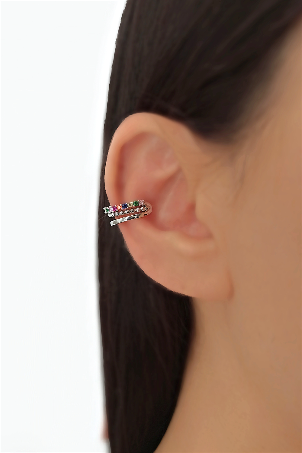 Tekli Üç Sıra Renkli Taş Earcuff/Kıkırdak Küpe TrKüpe35147