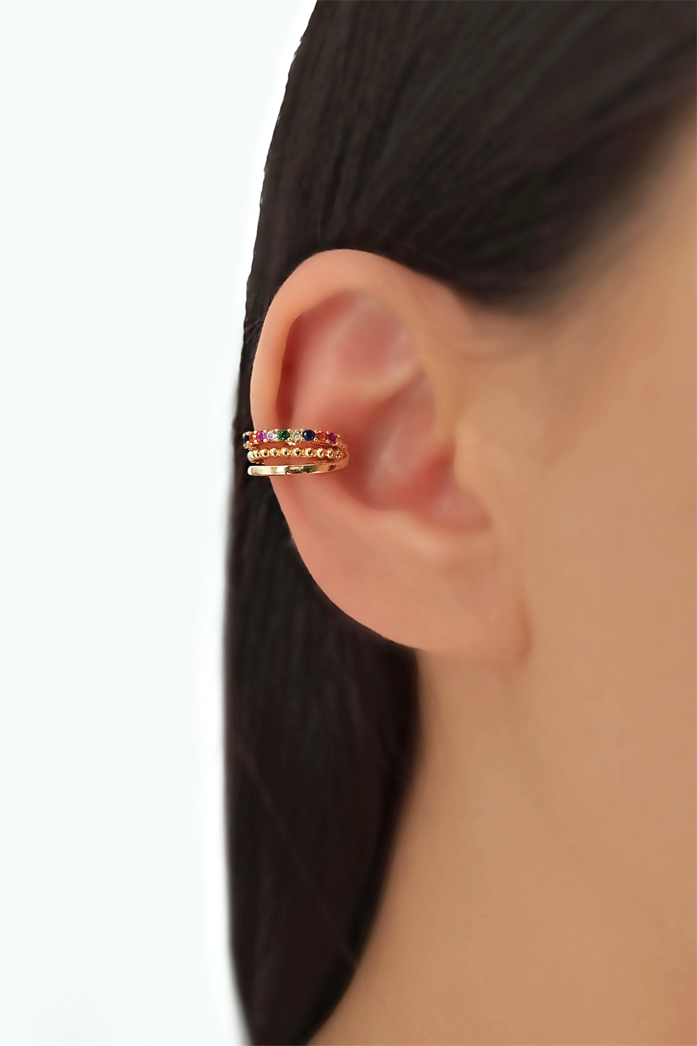 Tekli Üç Sıra Renkli Taş Earcuff/Kıkırdak Küpe TrKüpe35147