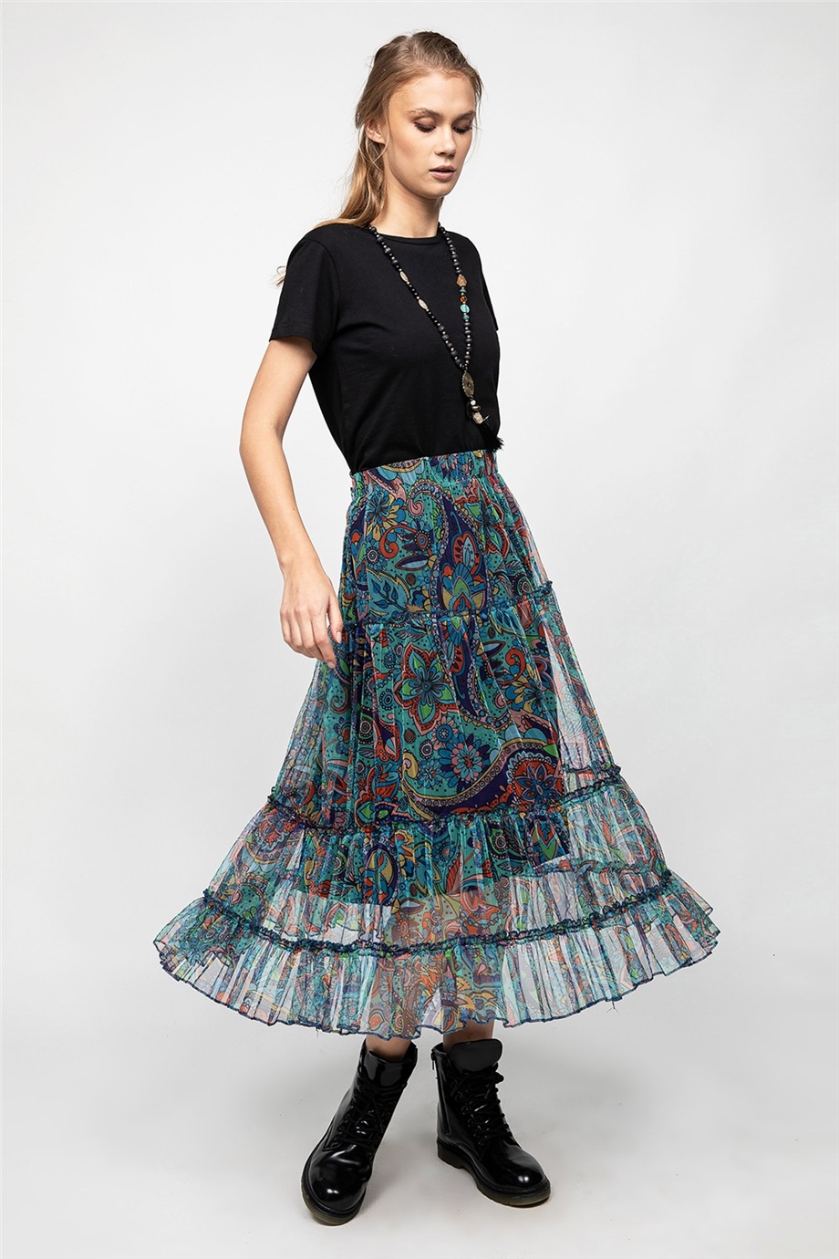 Astarlı lacivert Tül Etek