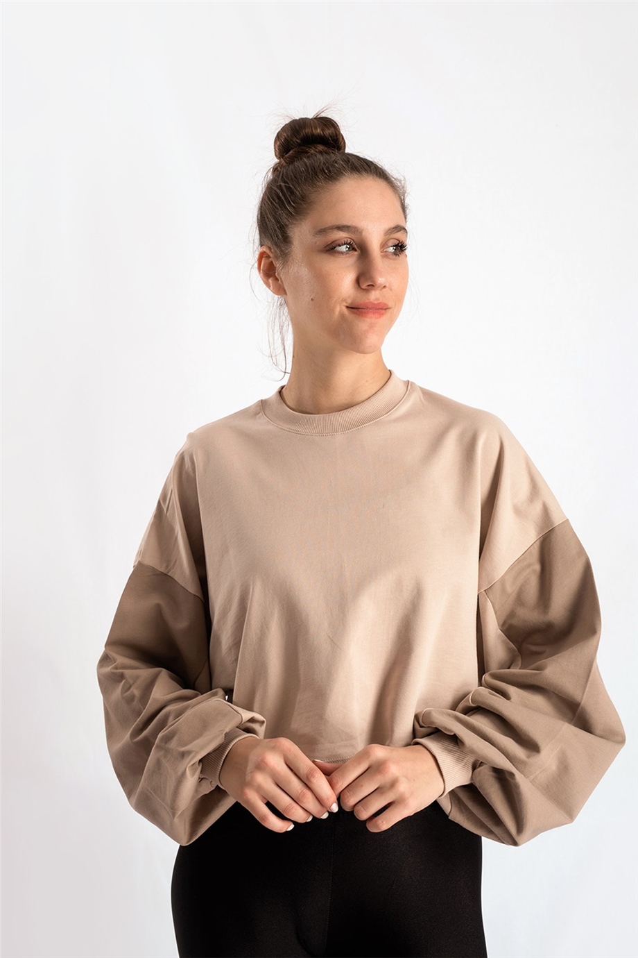 Balon Kol Bej Crop Sweat Bluz