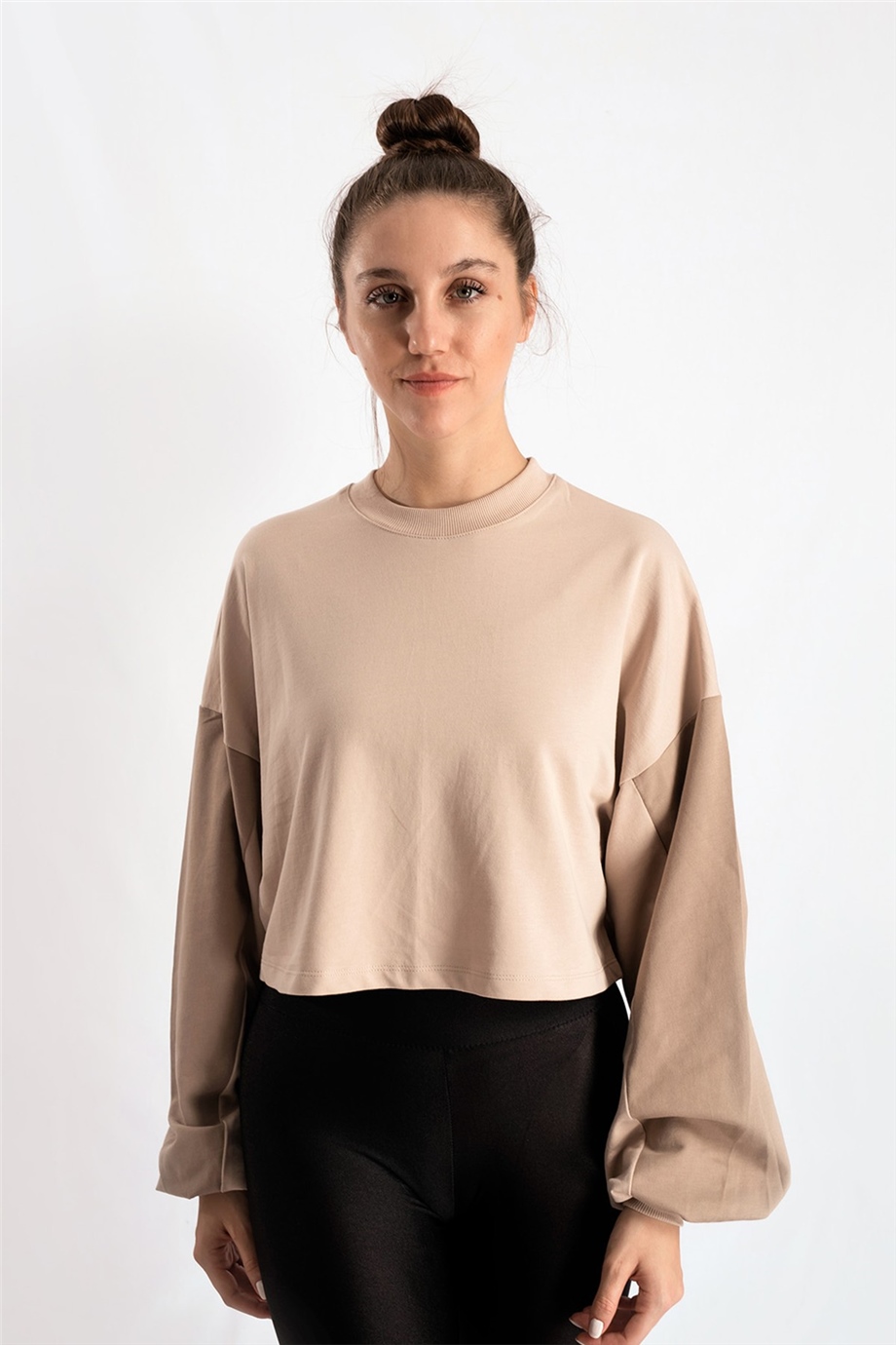 Balon Kol Bej Crop Sweat Bluz