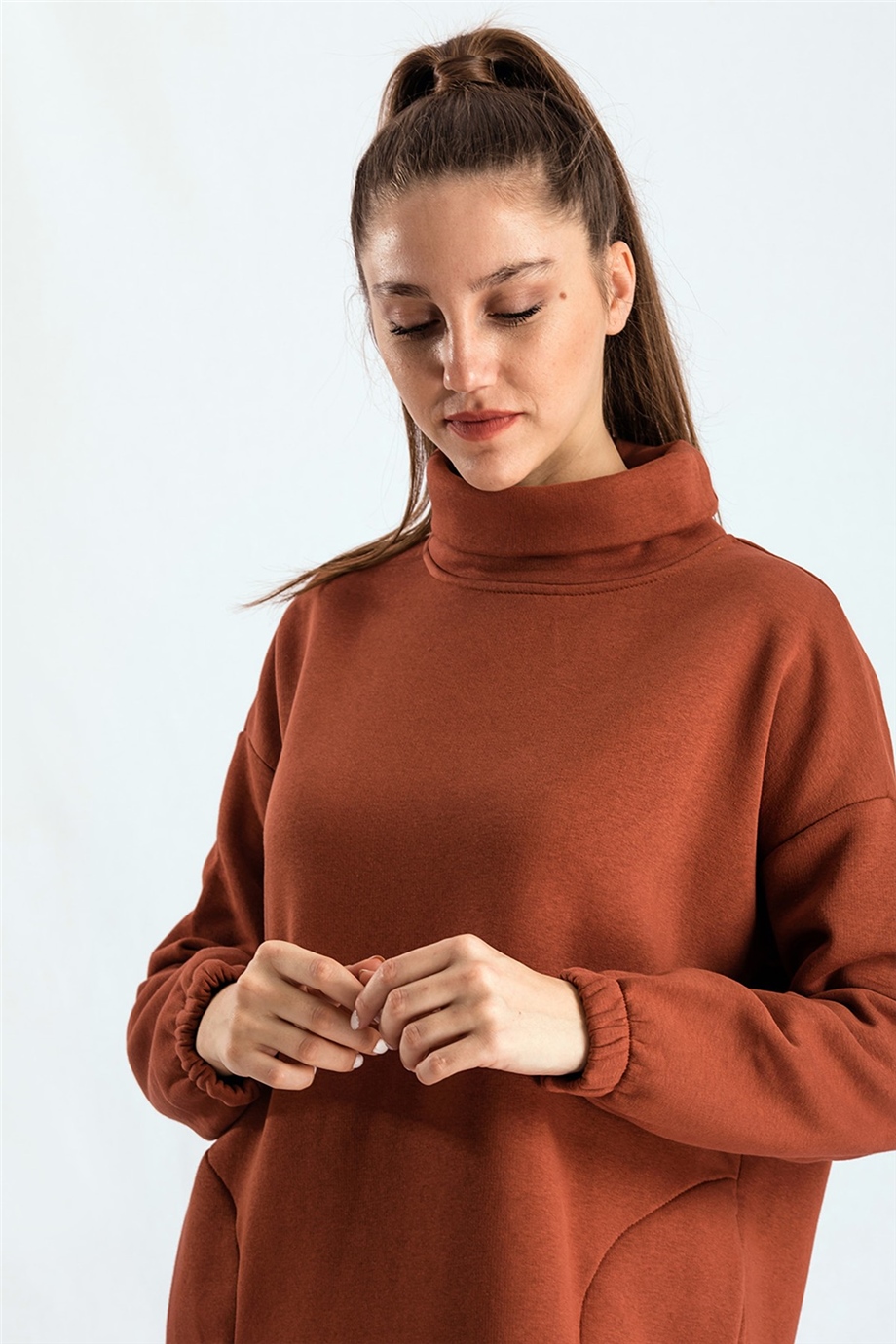 Boğazlı Kremit Sweat Elbise