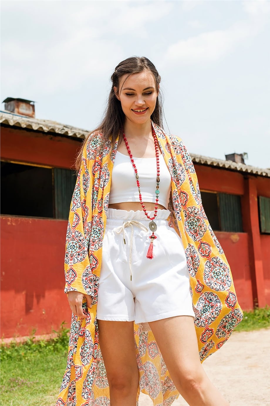 Çini Desenli Sarı Kaftan