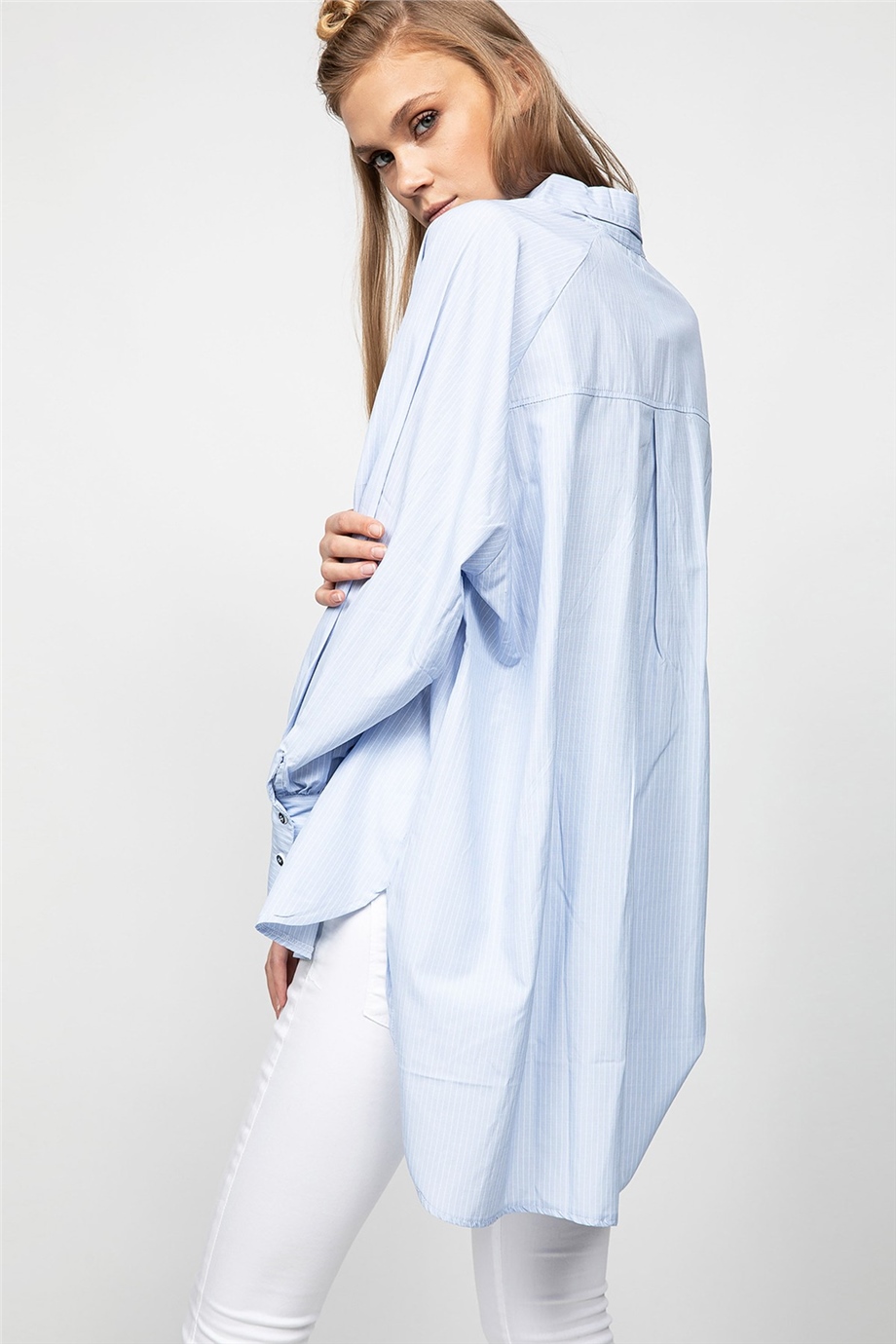 Çizgili Mavi Oversize Gömlek