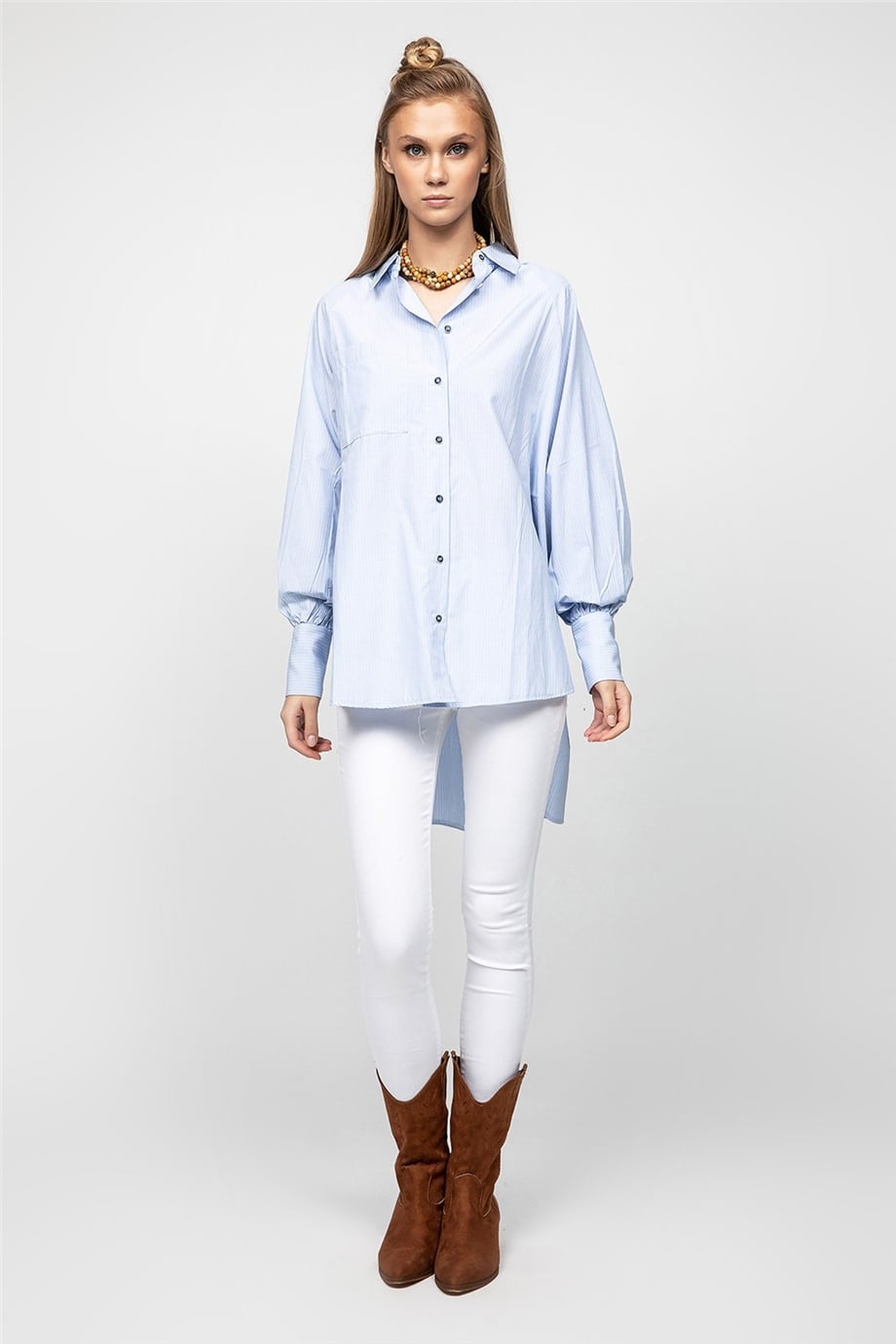 Çizgili Mavi Oversize Gömlek