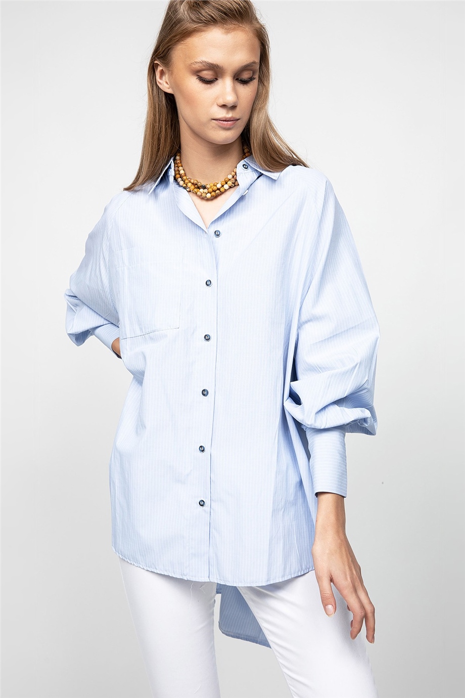 Çizgili Mavi Oversize Gömlek