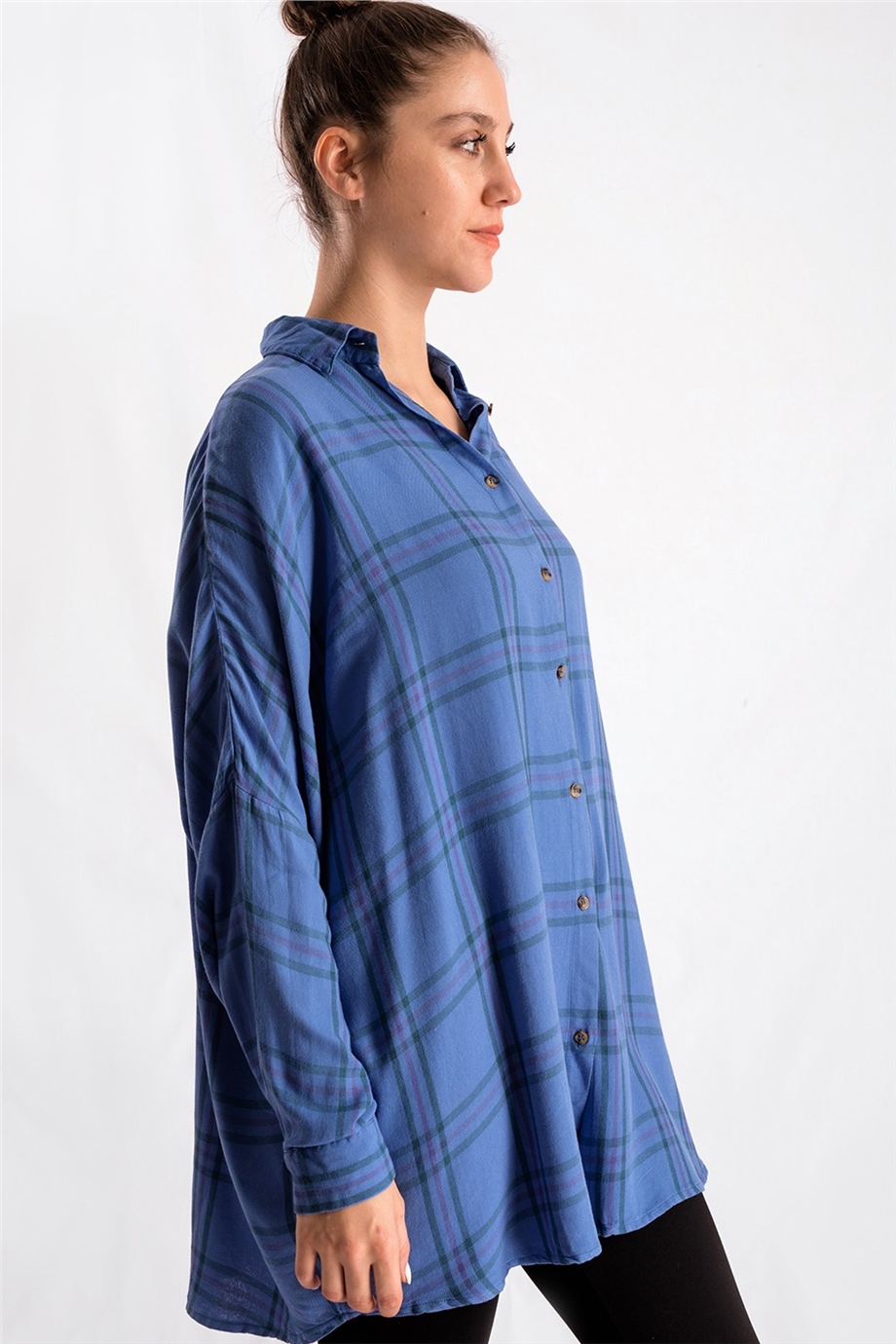 Ekose Desenli Mavi Oversize Gömlek