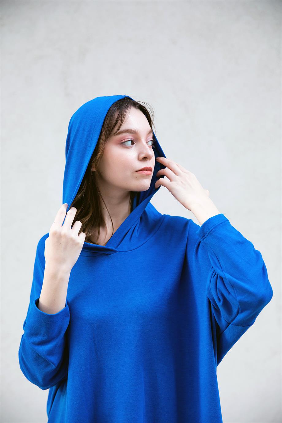 Kapüşonlu Saks Tunik