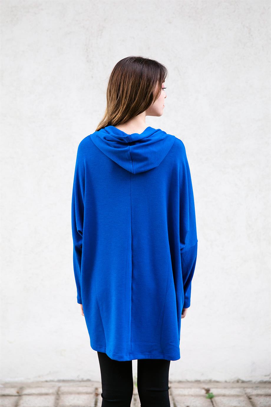 Kapüşonlu Saks Tunik