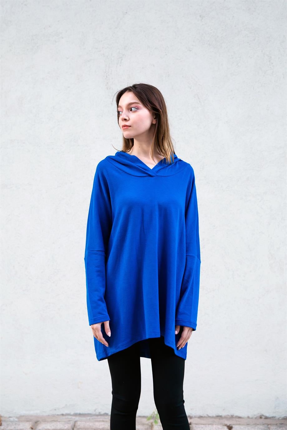 Kapüşonlu Saks Tunik