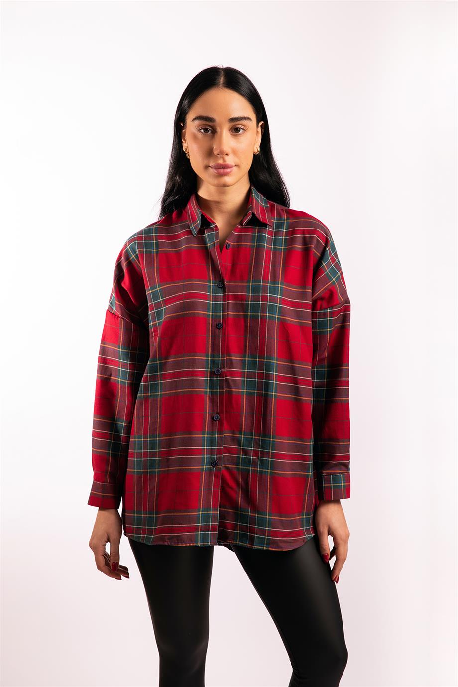 Kırmızı Yeşil Oversize Ekose Gömlek