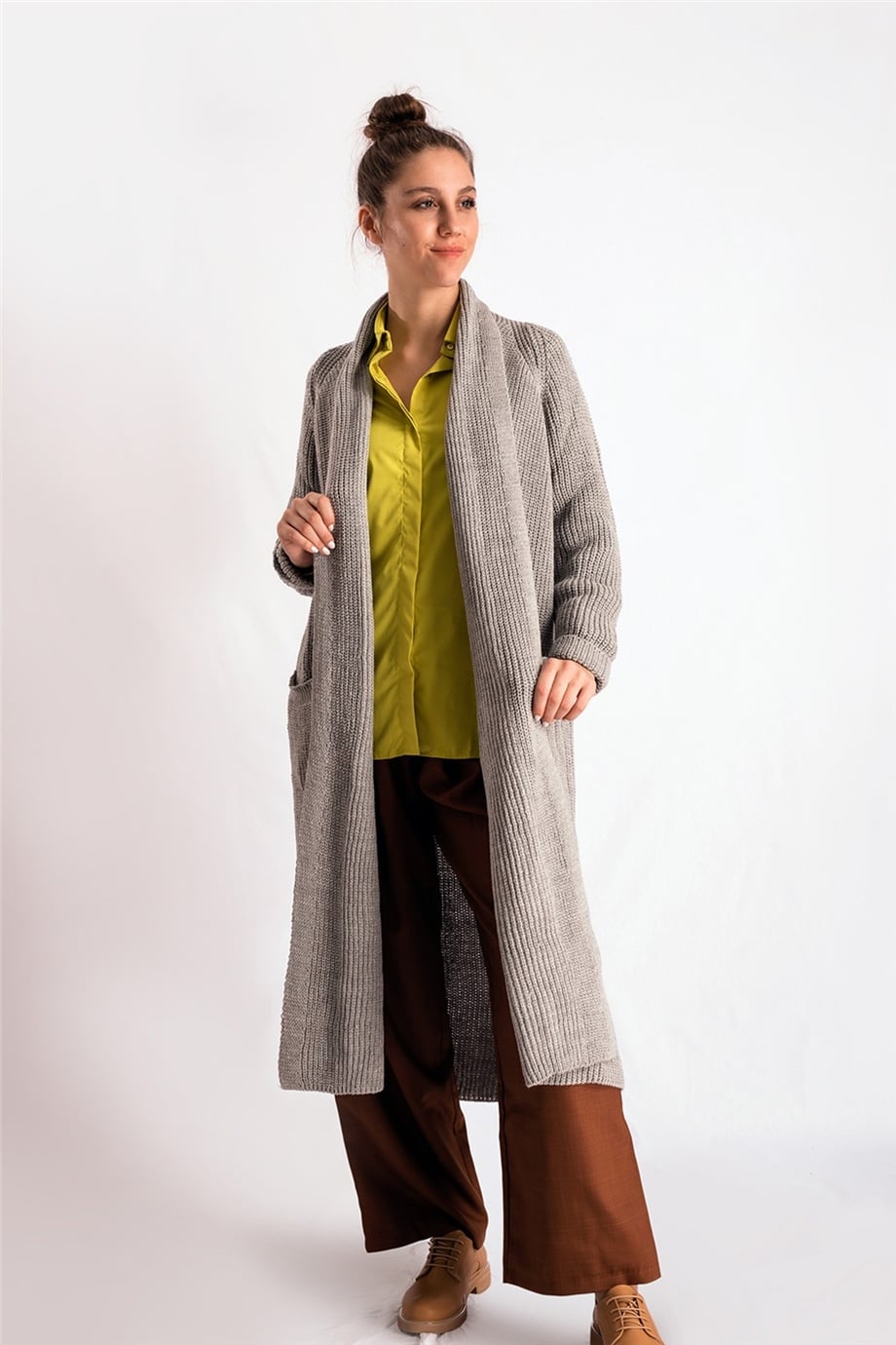 Şal Yaka Gri Oversize Hırka