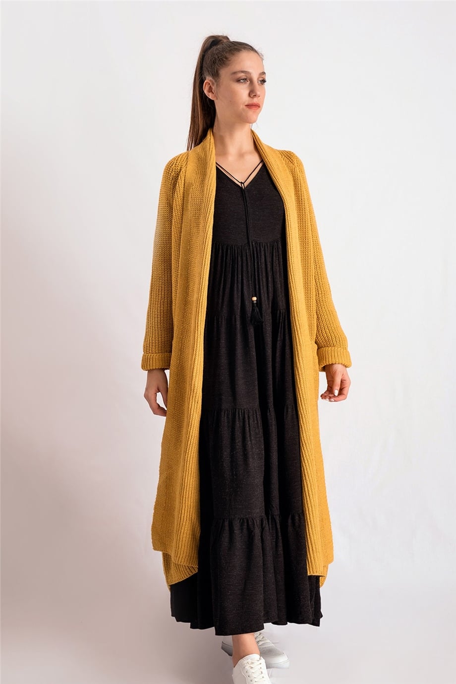 Şal Yaka Hardal Oversize Hırka