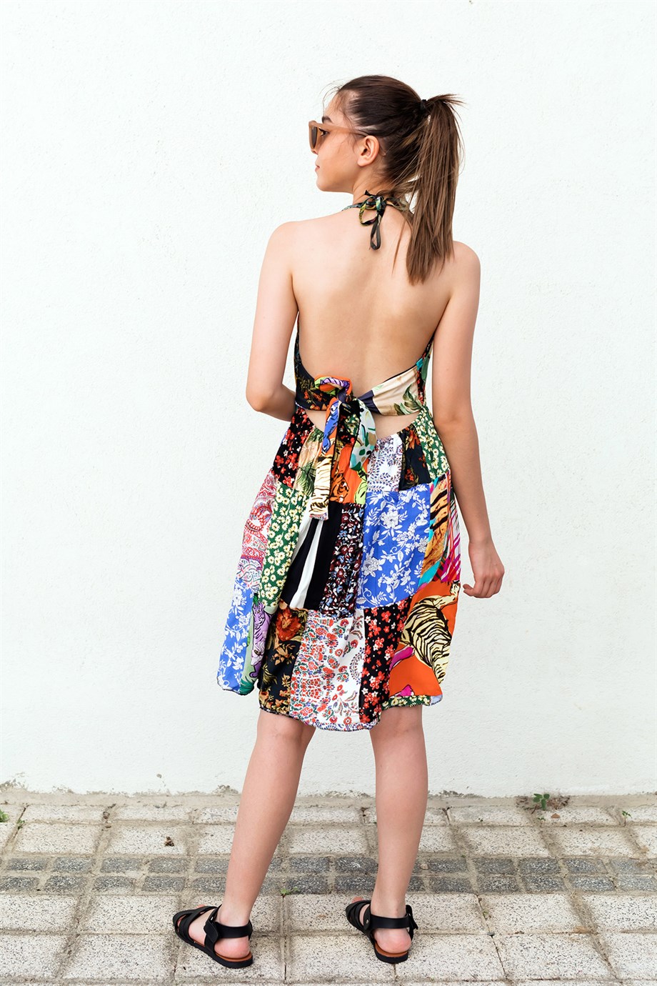Sırtı Bağlamalı Patchwork Elbise