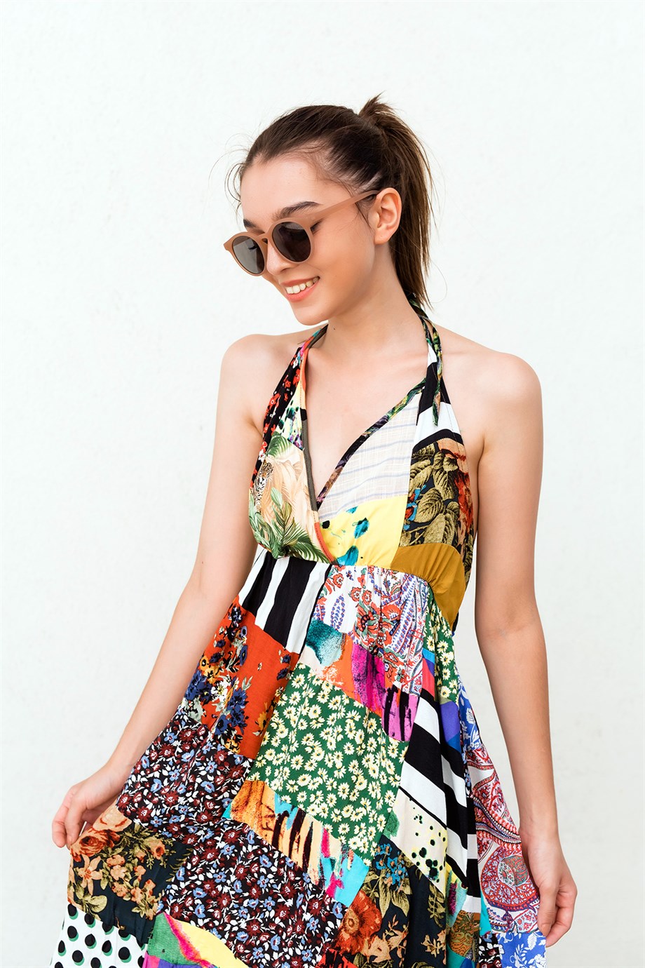 Sırtı Bağlamalı Patchwork Elbise