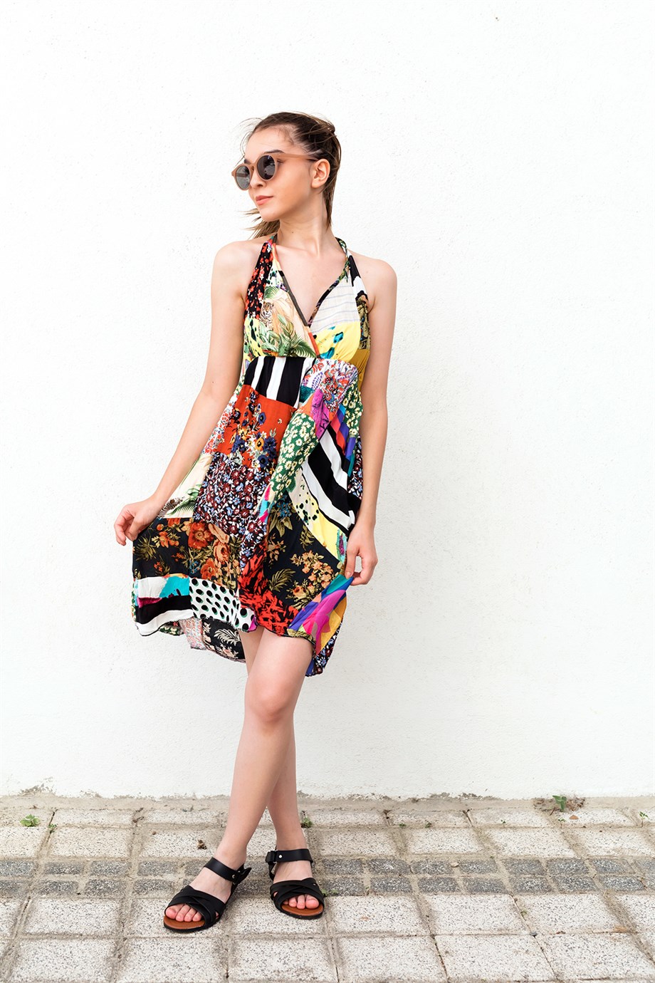 Sırtı Bağlamalı Patchwork Elbise