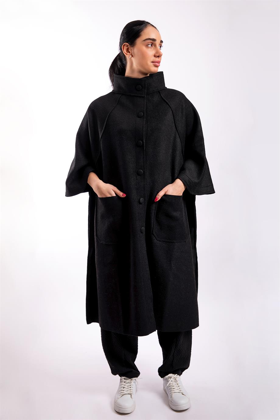 Siyah Oversize Keçe Kaban