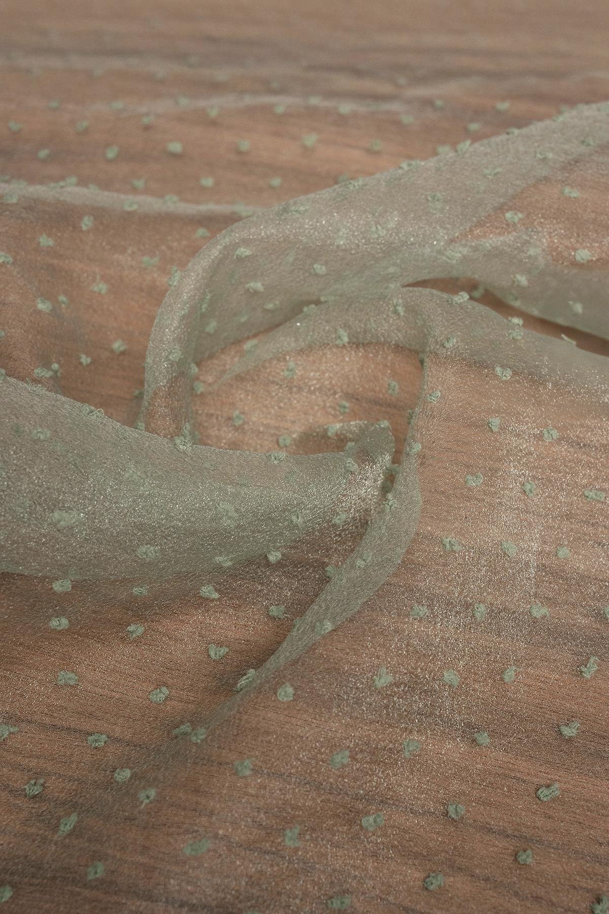  Floklu Dalya Organze Yeşil Rengi Kumaş   - Kumaş Deposu